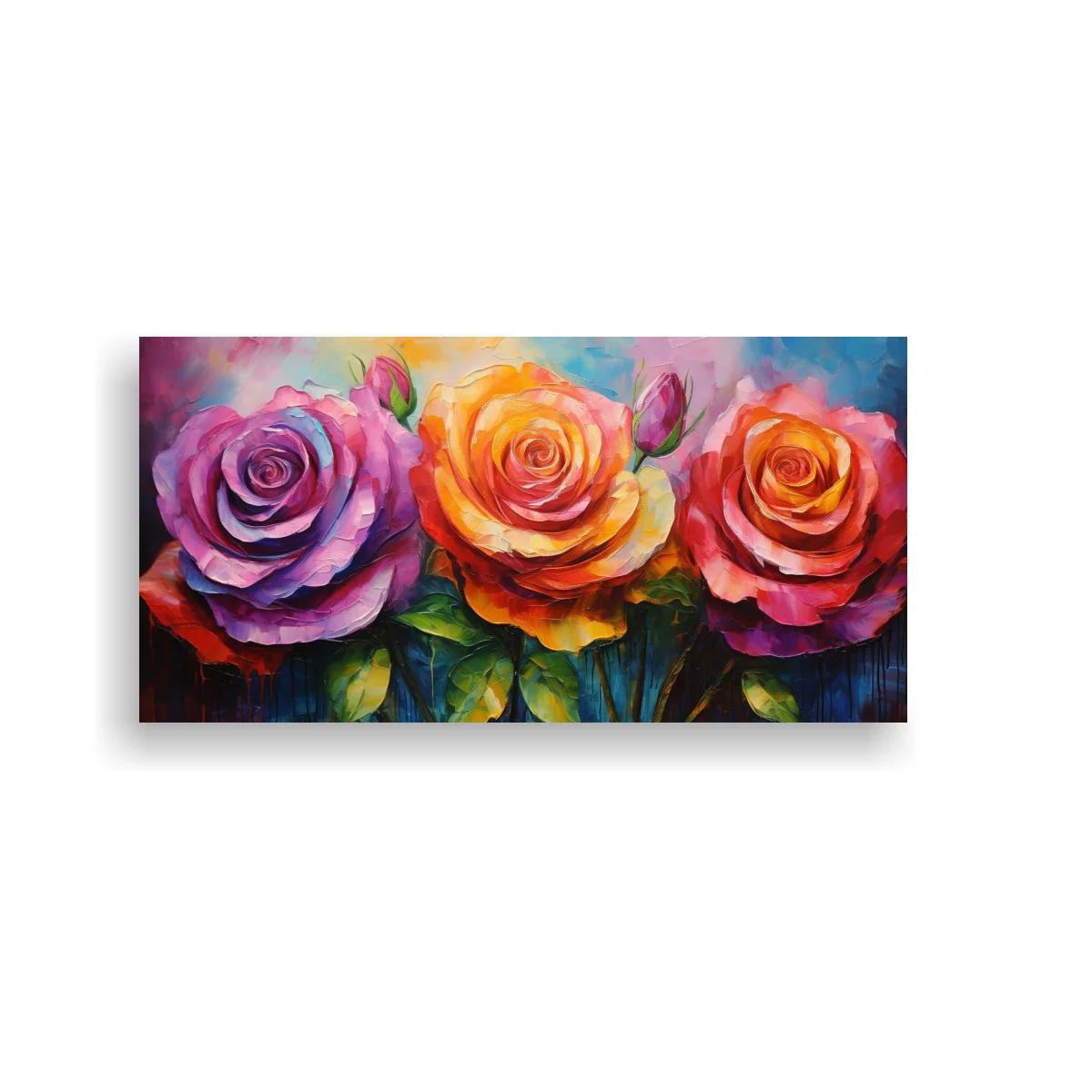 Cuadro tres rosas abiertas con capullos y fondo multicolor — imagen principal