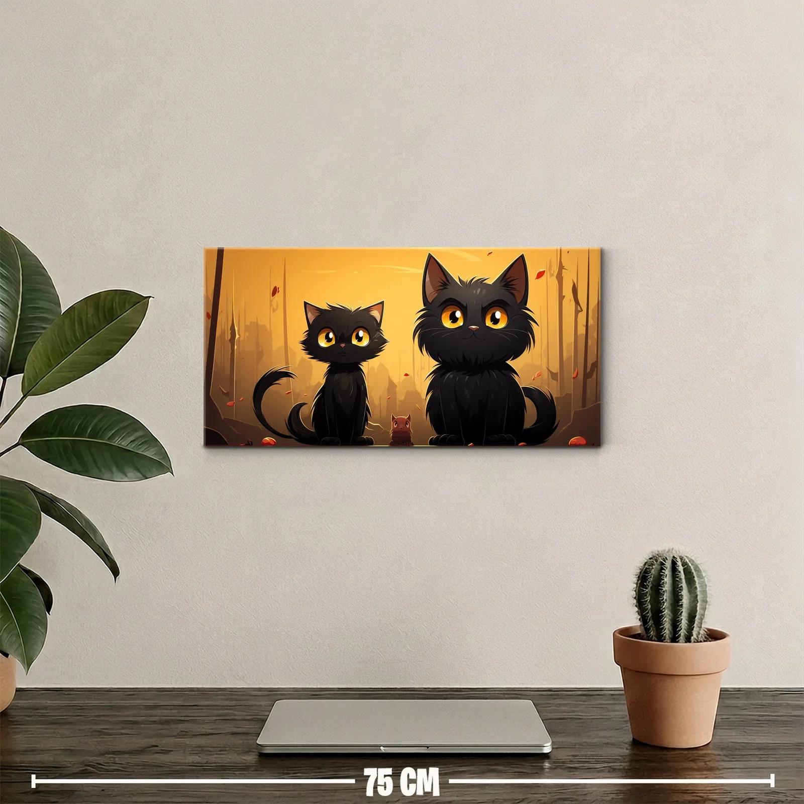 Cuadro dos gatos negros con gatito y hojas otoñales — miniatura 2