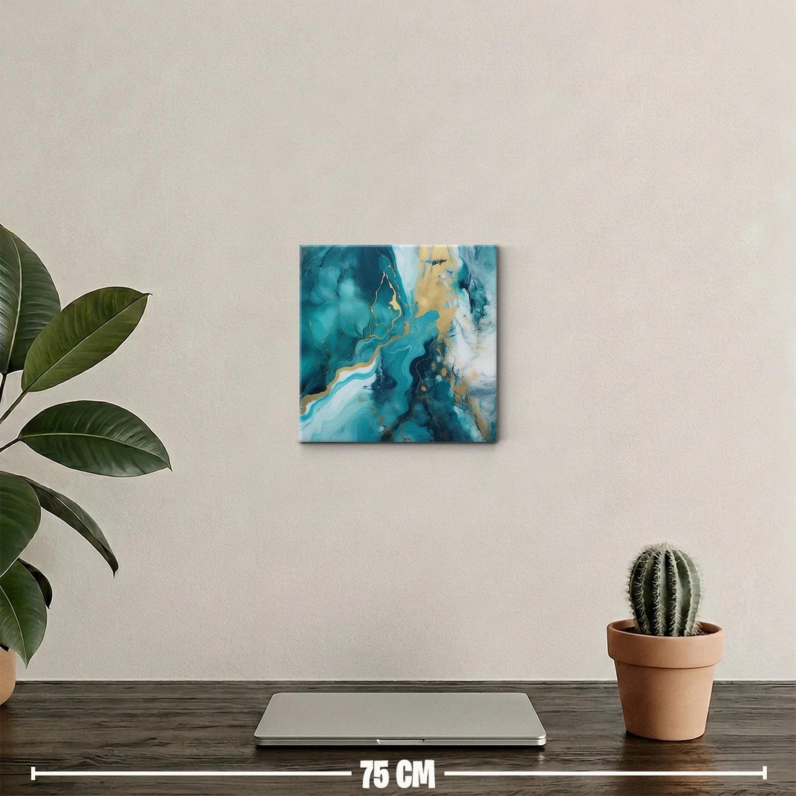 Cuadro abstracto con tonos turquesa y dorado — miniatura 2