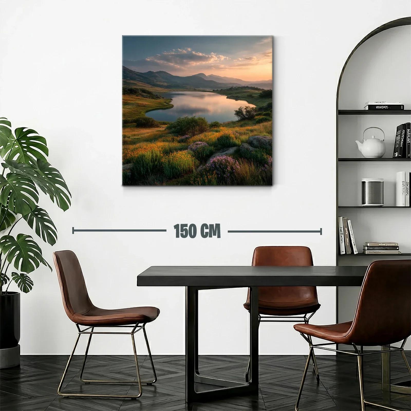 Paisaje sereno con lago y pradera en tonos cálidos — miniatura 2