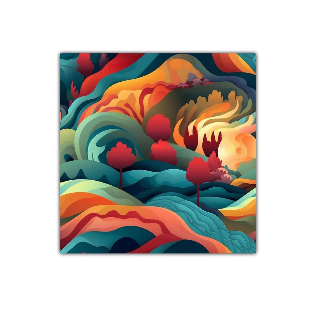Paisaje abstracto con vibrantes formas ondulantes y árboles rojos — imagen principal