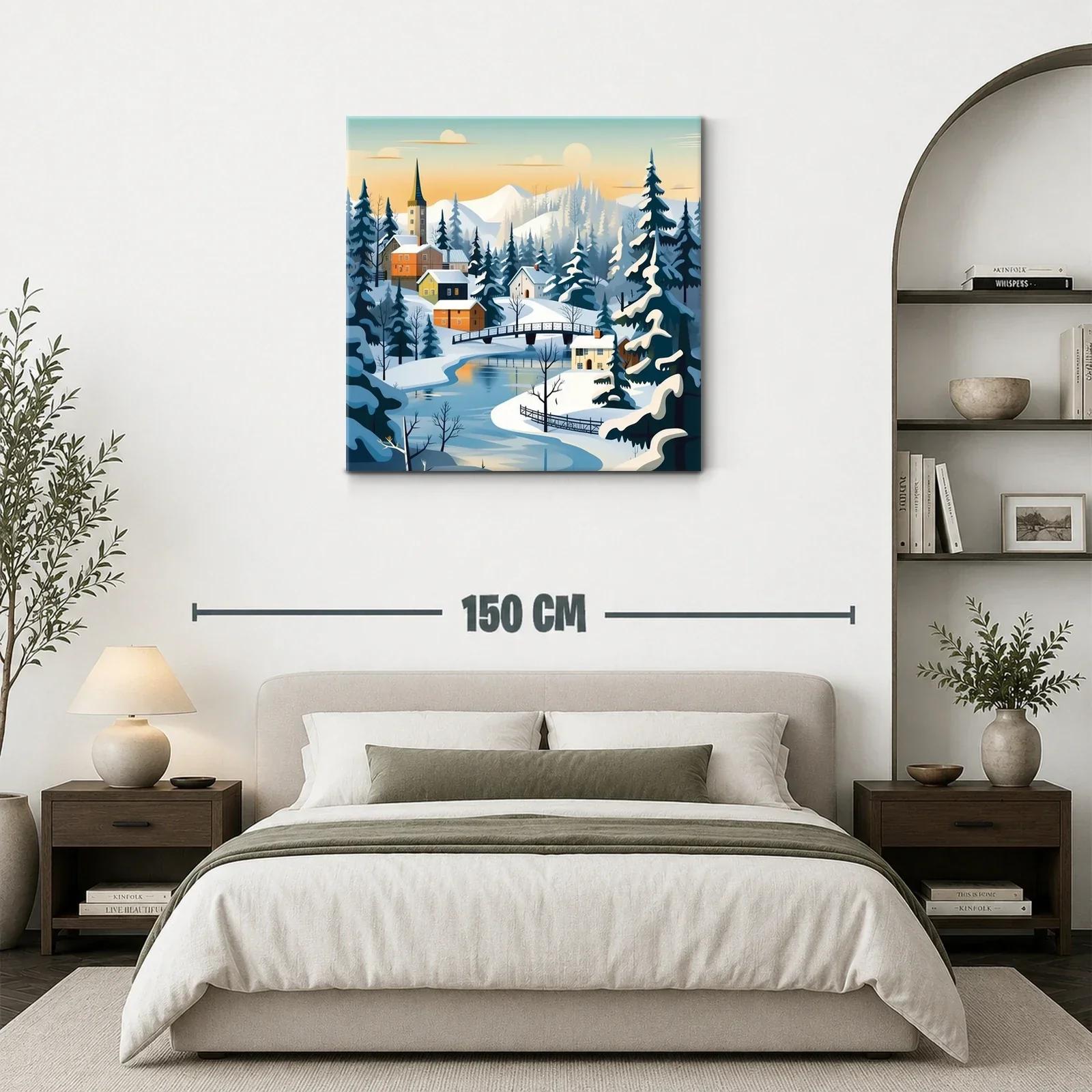 Paisaje invernal con puente y casas de montaña — miniatura 3