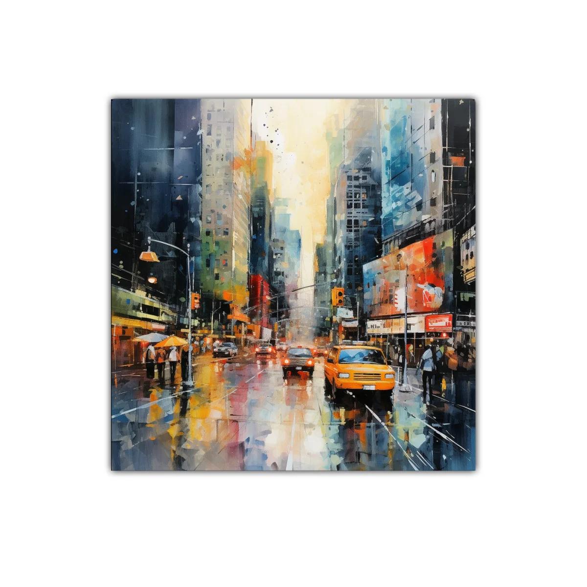Cuadro urbano con taxi amarillo y reflejos de lluvia — miniatura 1