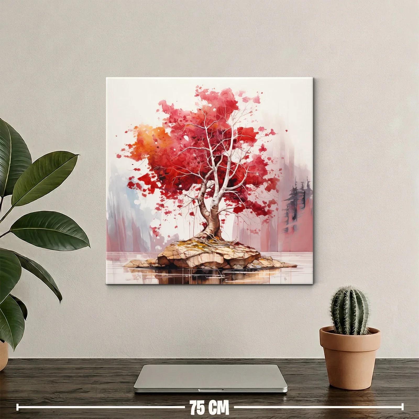 Árbol rojo vibrante sobre roca en lago calmado — miniatura 2