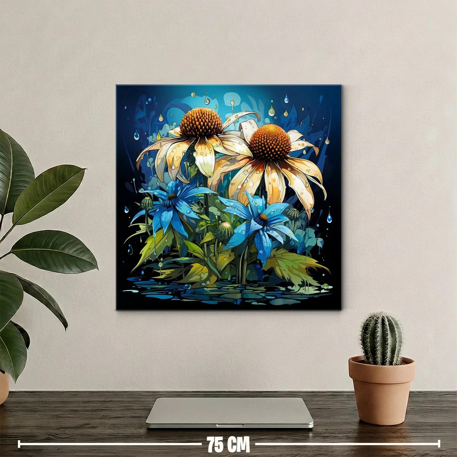 Flores vibrantes con gotas sobre fondo azul oscuro — miniatura 2