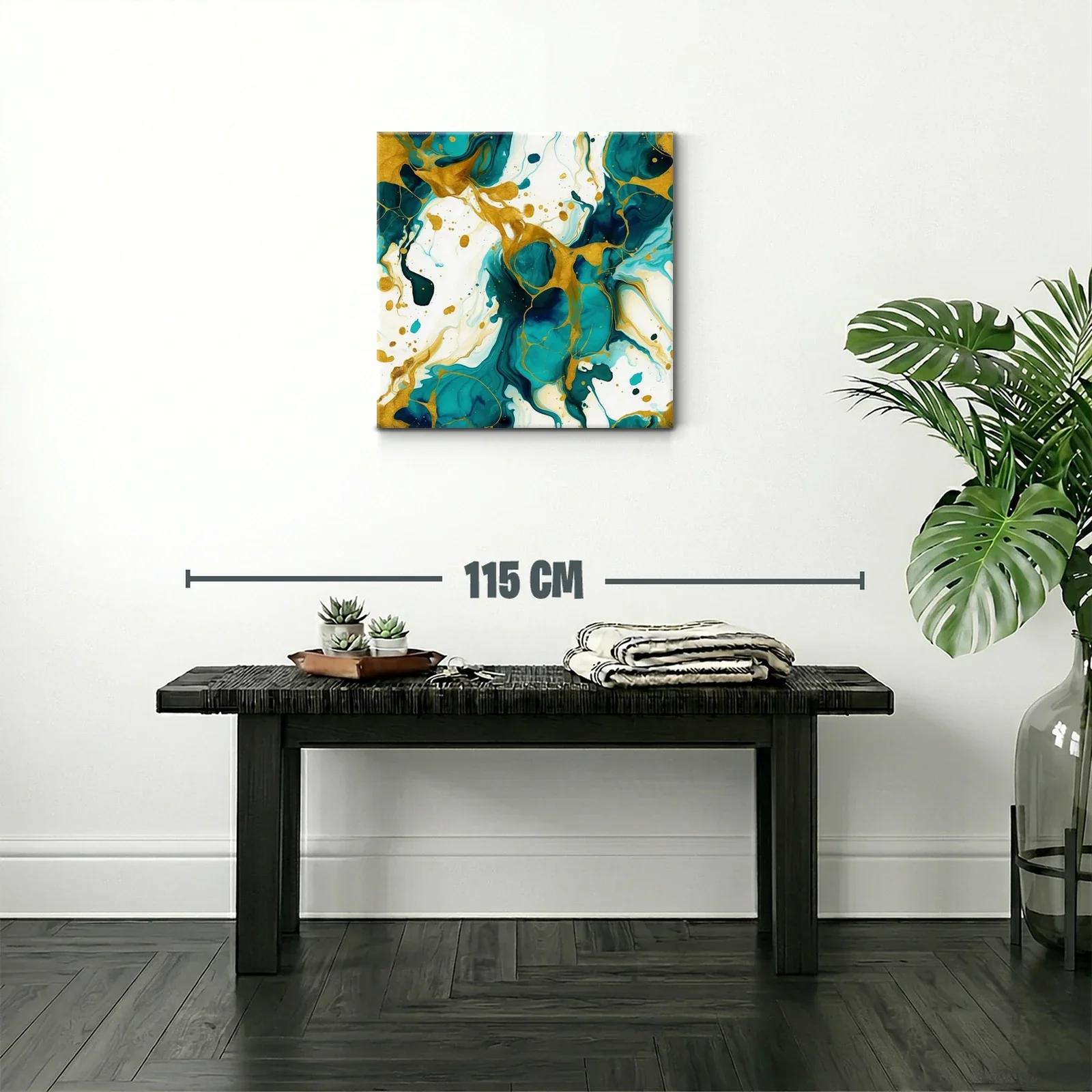 Cuadro abstracto con tonos turquesa y dorados vibrantes — miniatura 2