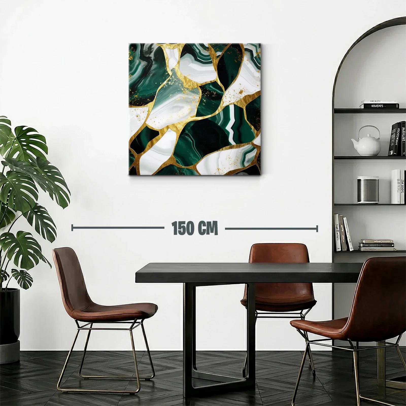 Cuadro abstracto con vetas verdes y detalles dorados — miniatura 2