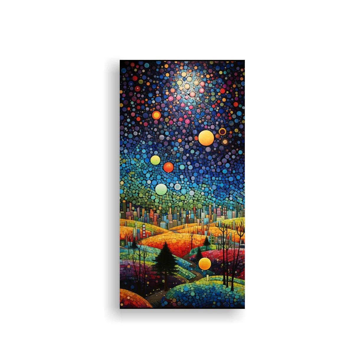 Cuadro cielo nocturno con lunas de colores y arroyo curvo — imagen principal