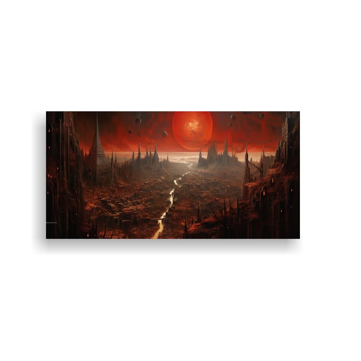 Cuadro paisaje apocalíptico con sol rojo y torres oscuras — imagen principal