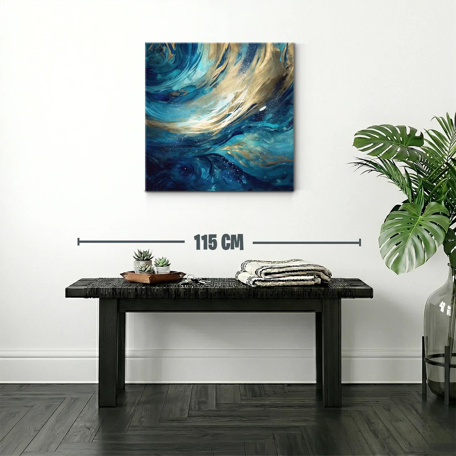 Cuadro abstracto con ondas dinámicas en tonos azul y dorado — miniatura 2