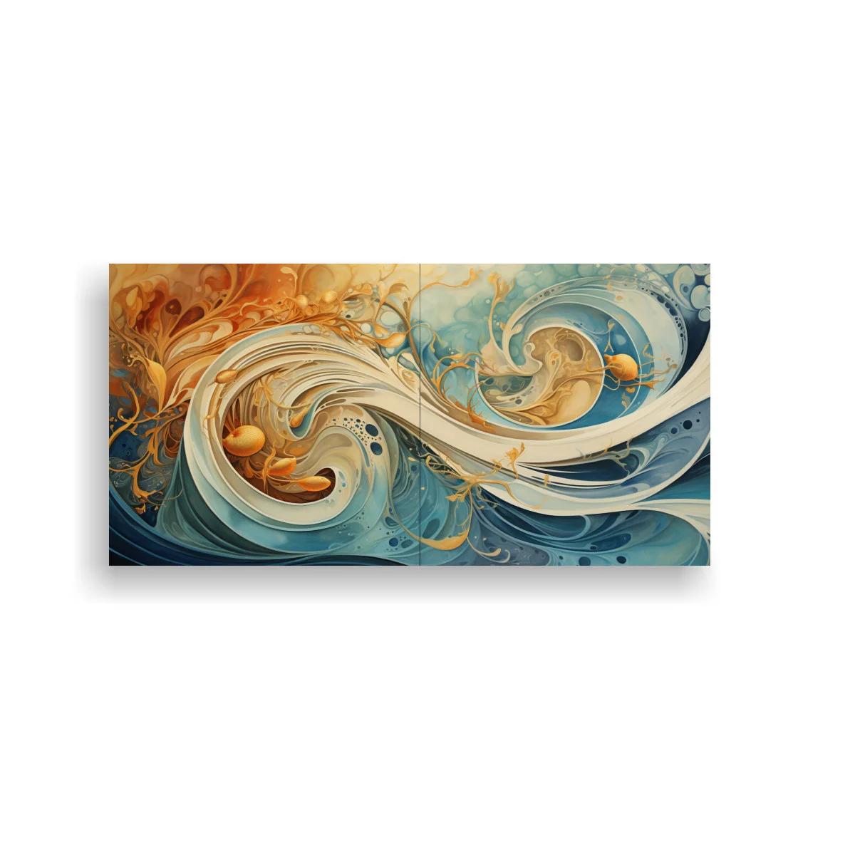 Cuadro olas abstractas con espirales y orbes dorados