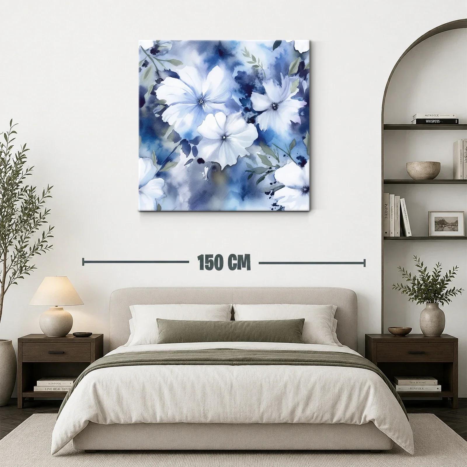 Flores blancas sobre fondo azul en acuarela delicada — miniatura 3