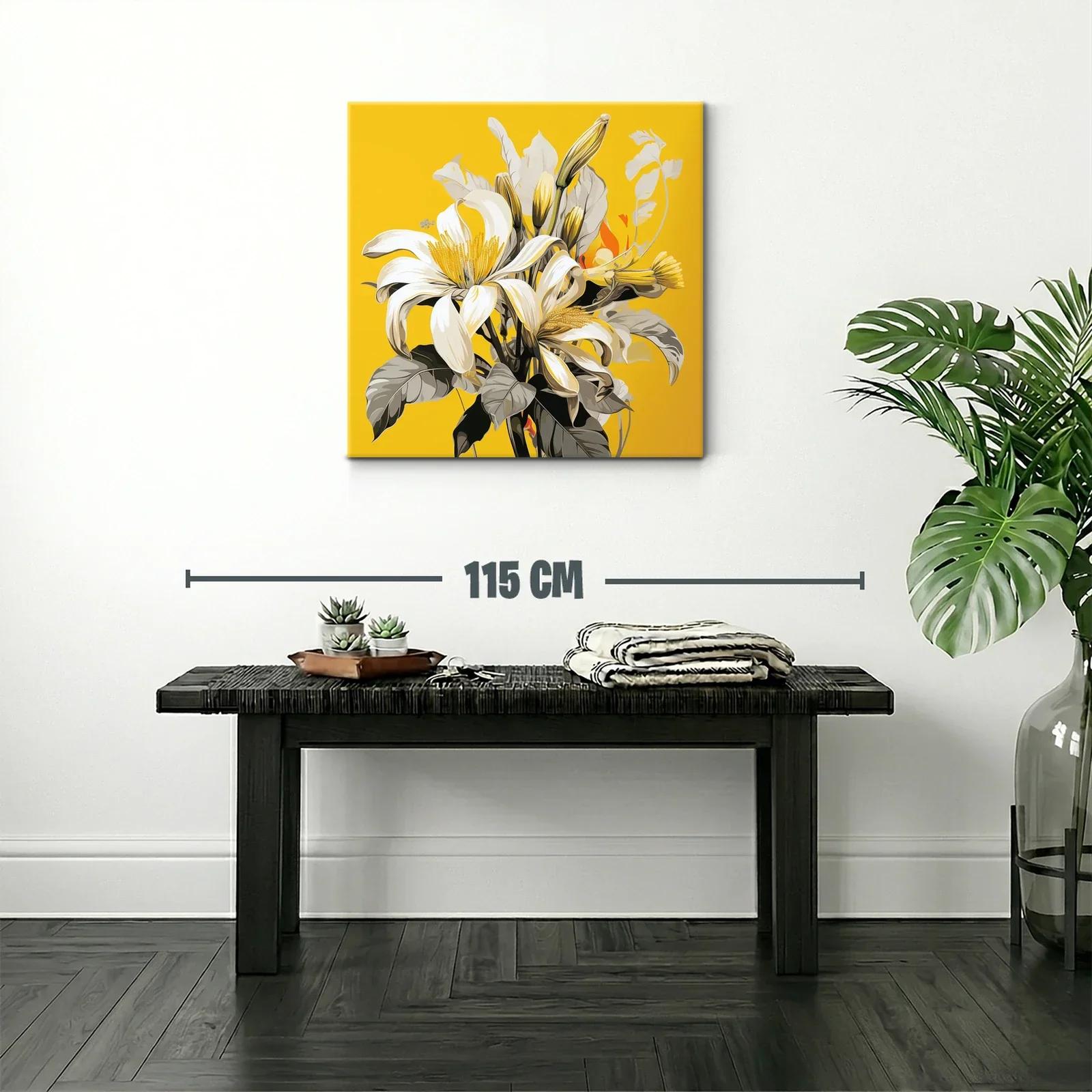 Cuadro floral con lirios blancos sobre fondo amarillo vibrante — miniatura 2