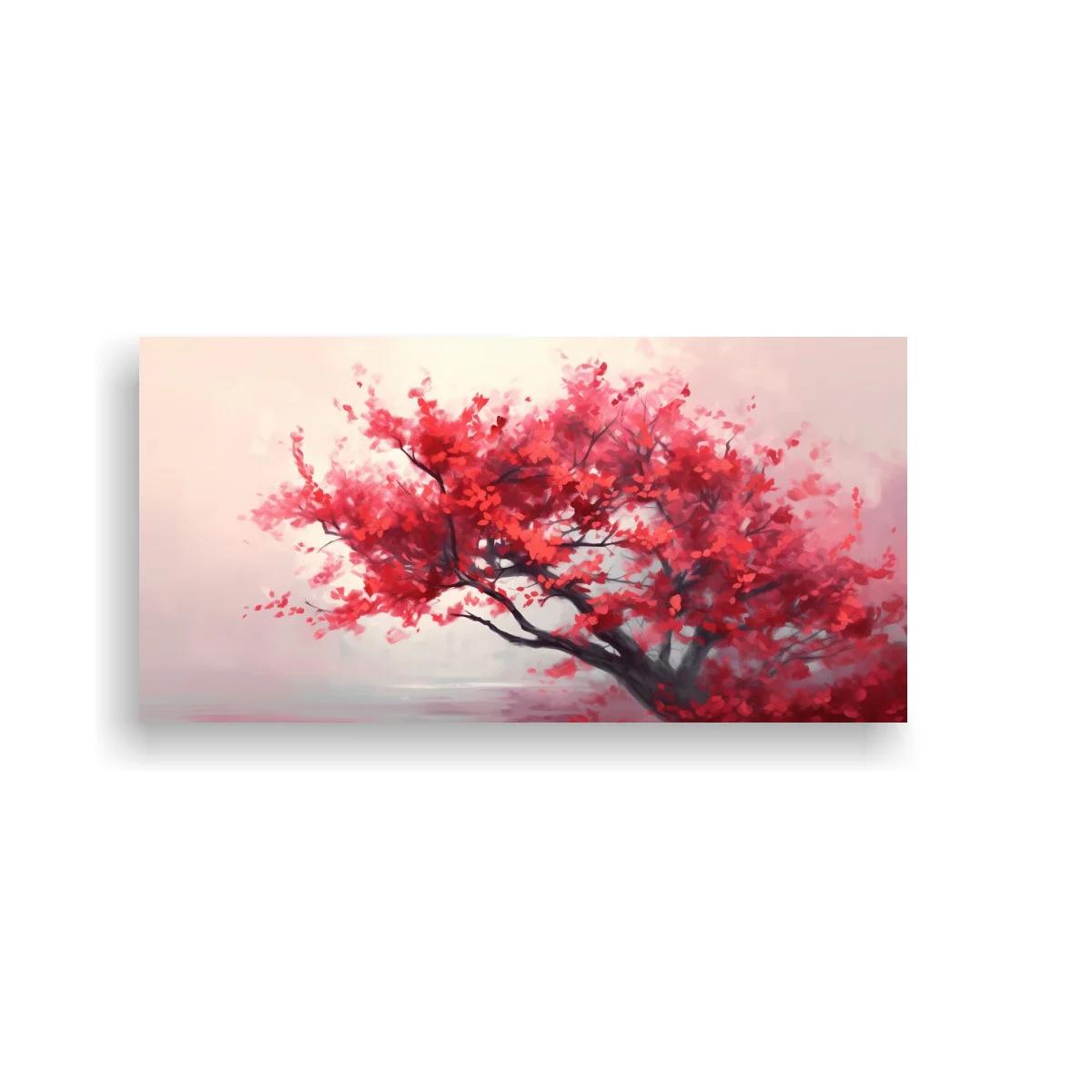 Cuadro árbol con flores rojas y tronco inclinado — imagen principal