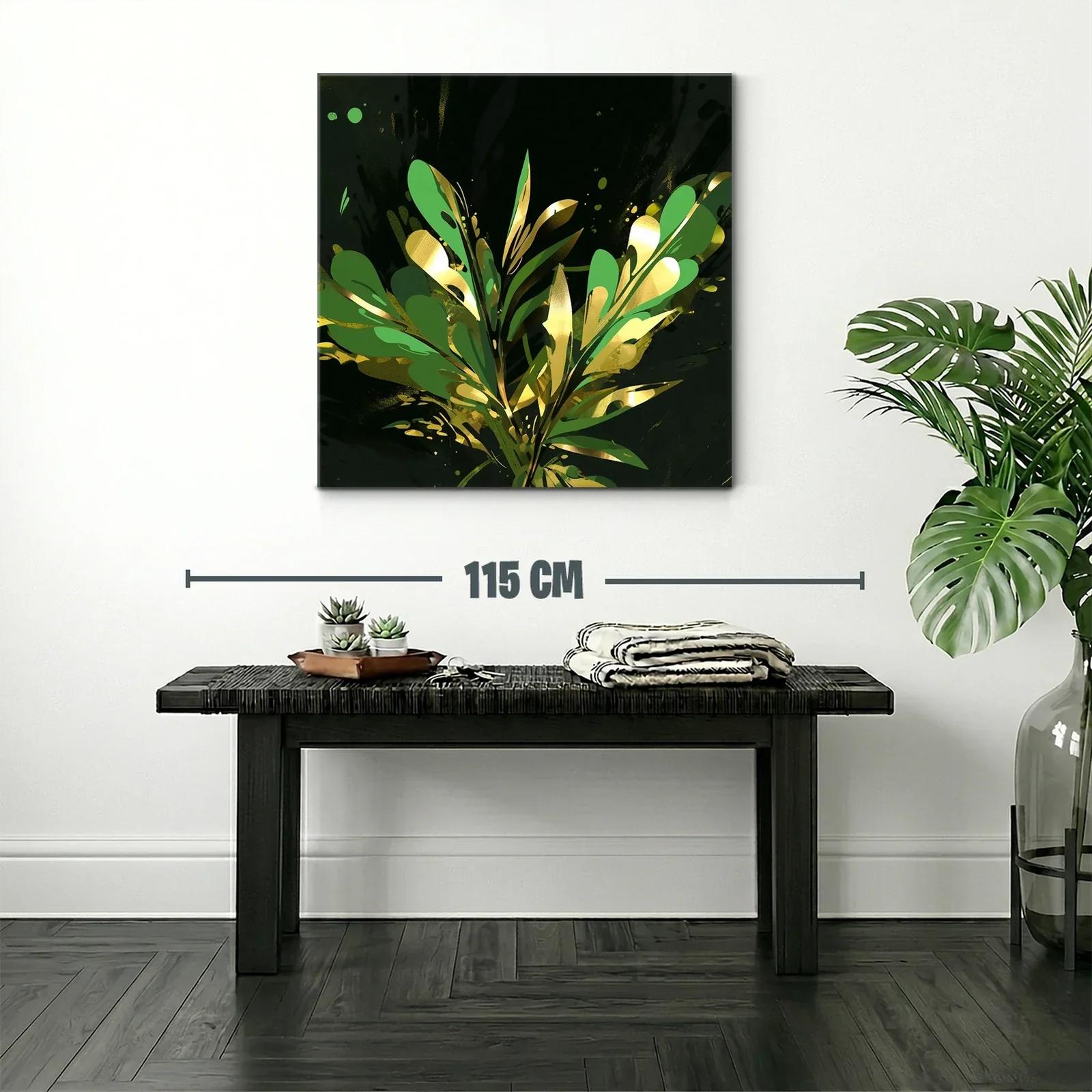Cuadro abstracto con motivos vegetales dorados y verdes — miniatura 2
