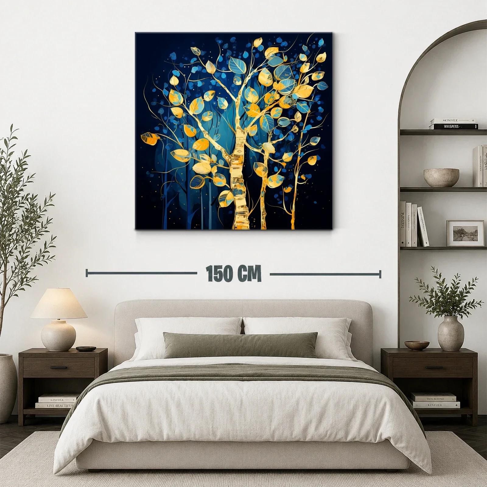 Árbol dorado con hojas azules y amarillas sobre fondo oscuro — miniatura 3