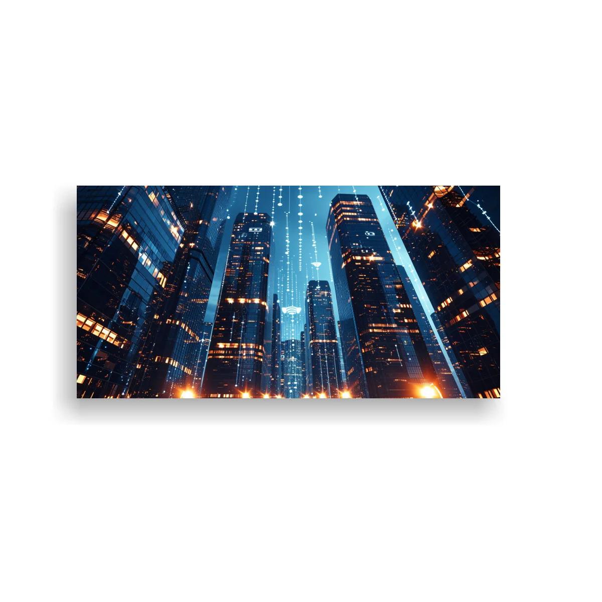 Cuadro rascacielos nocturnos con luces anaranjadas — imagen principal