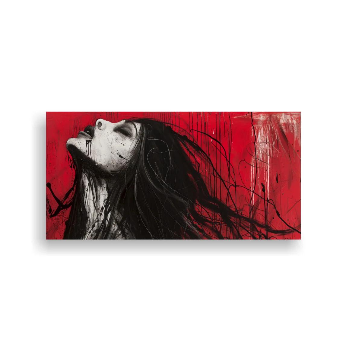 Cuadro rostro de mujer con cabello negro y fondo rojo texturizado — imagen principal