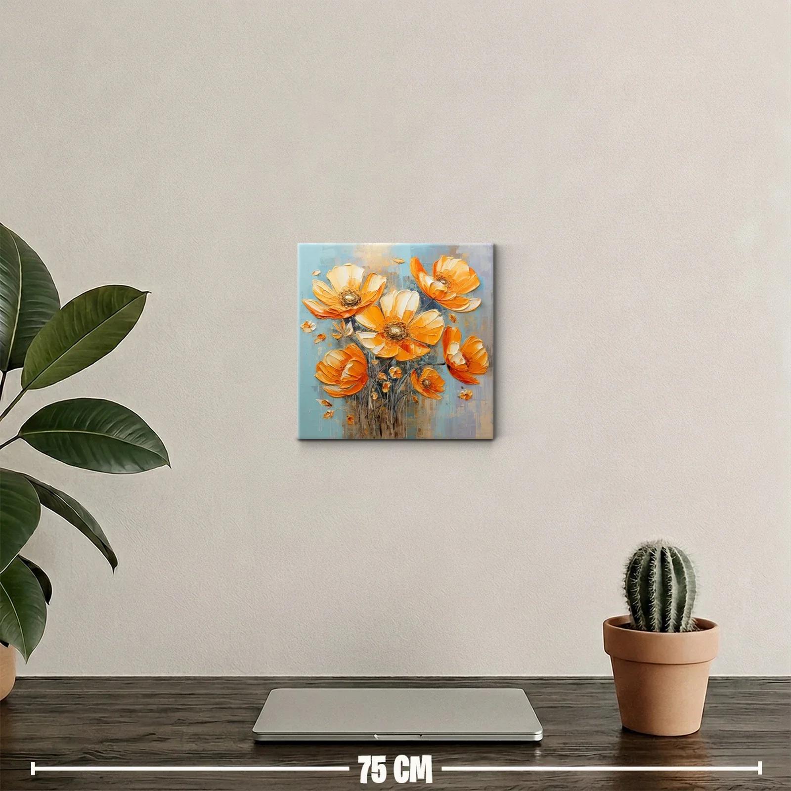 Cuadro floral vibrante en tonos cálidos y fondo azul — miniatura 2