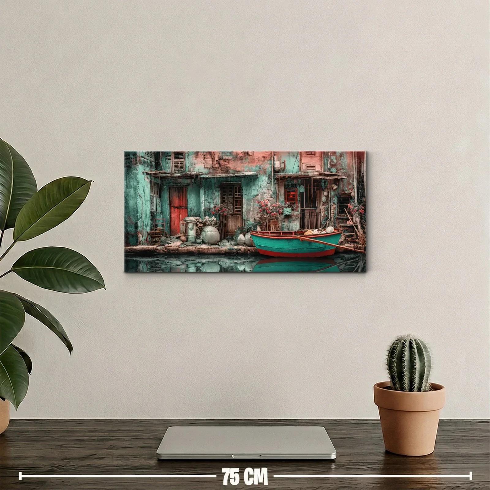 Cuadro barca roja junto a casas antiguas en formato panorámico — miniatura 2