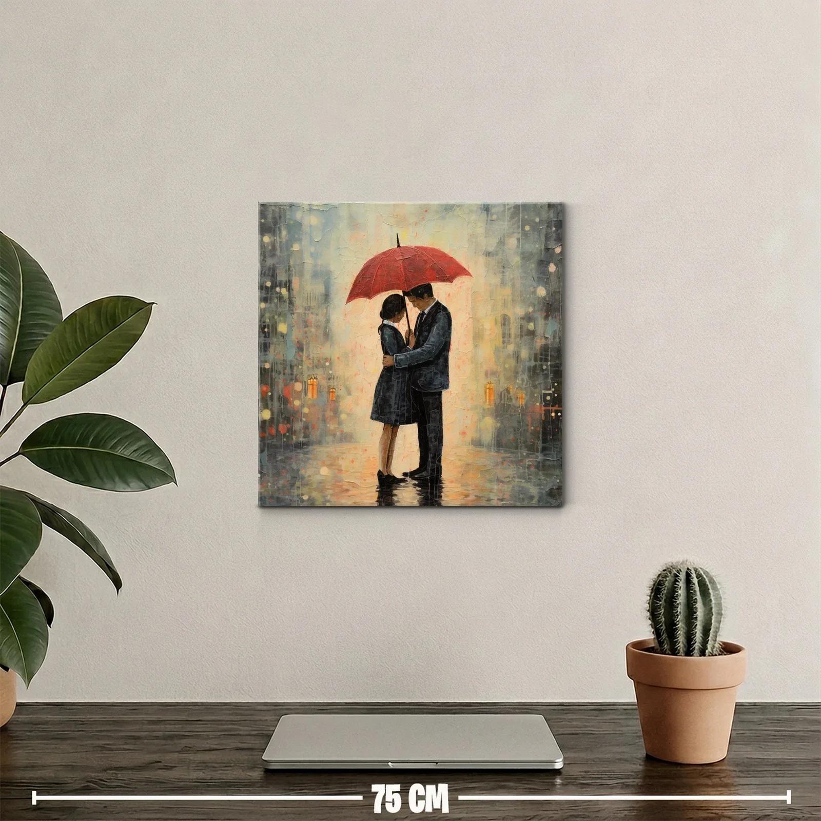Romántico abrazo bajo un paraguas rojo en la lluvia — miniatura 2