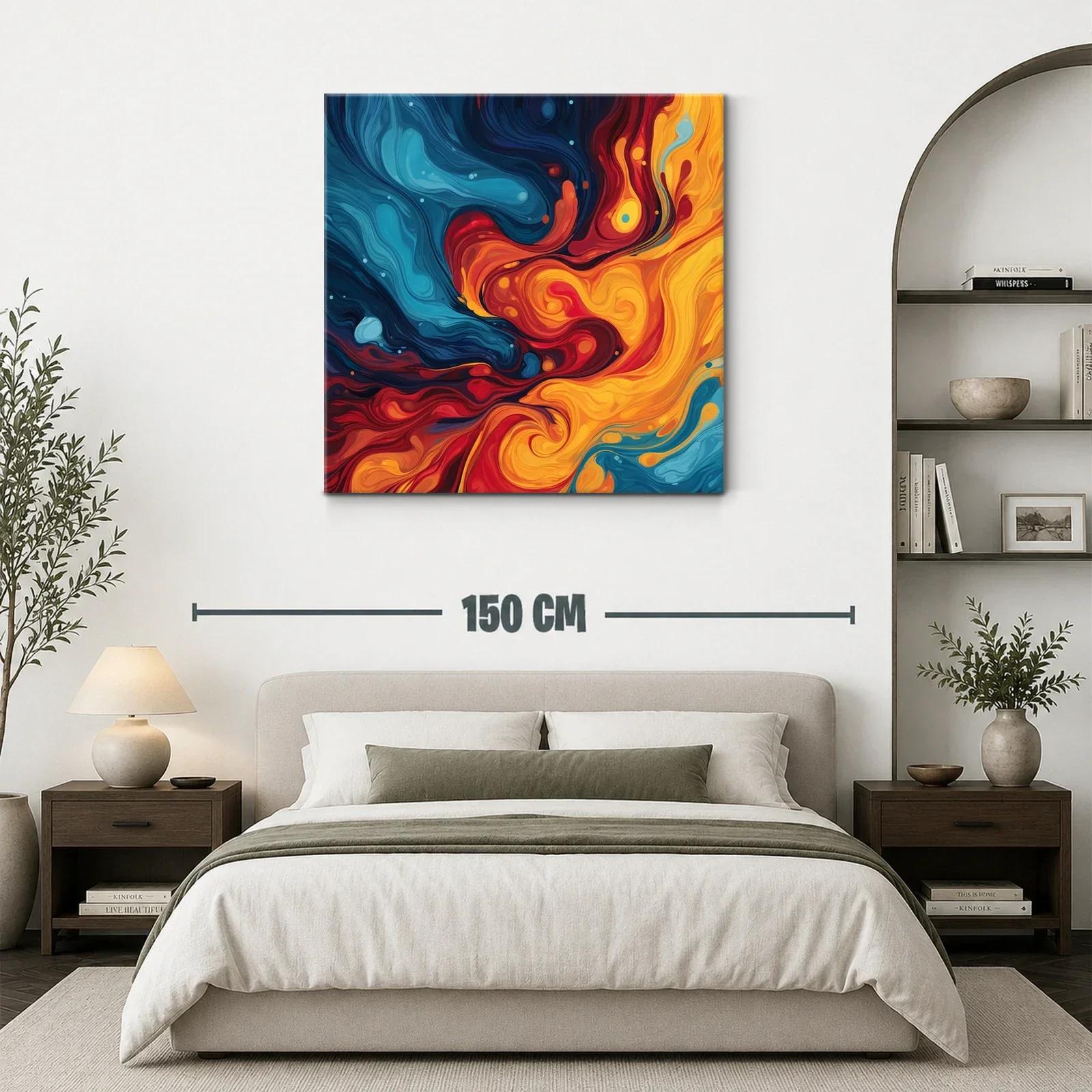Cuadro abstracto con remolinos en tonos cálidos y fríos — miniatura 3