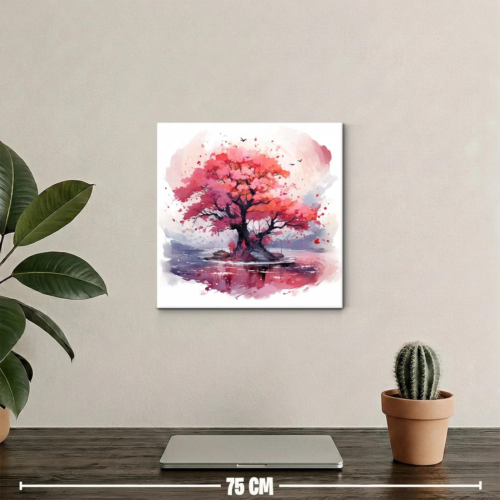 Árbol en tonos rosas y rojos sobre lago sereno — miniatura 2