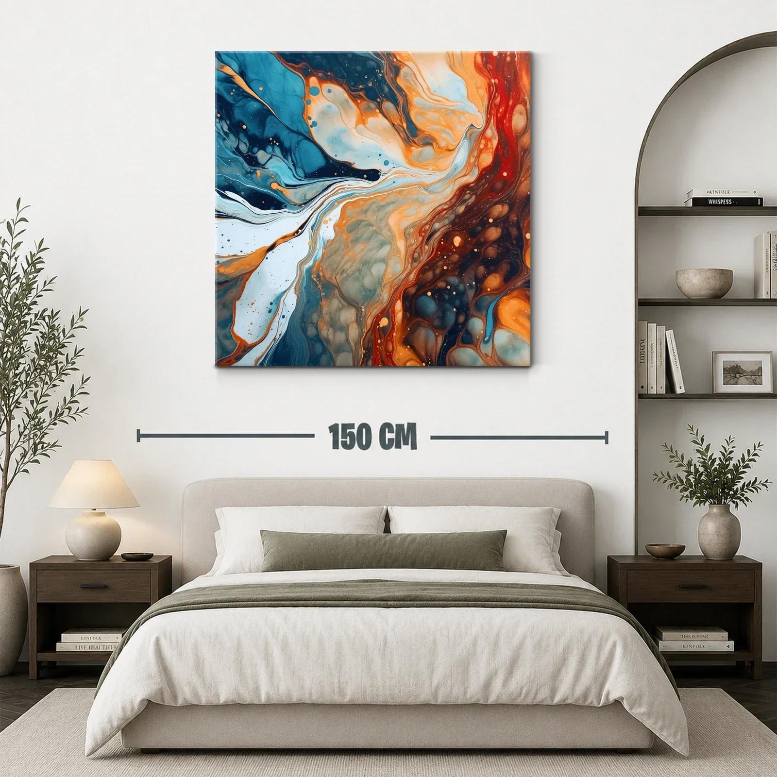 Cuadro abstracto de flujos en tonos azul y naranja intenso — miniatura 3