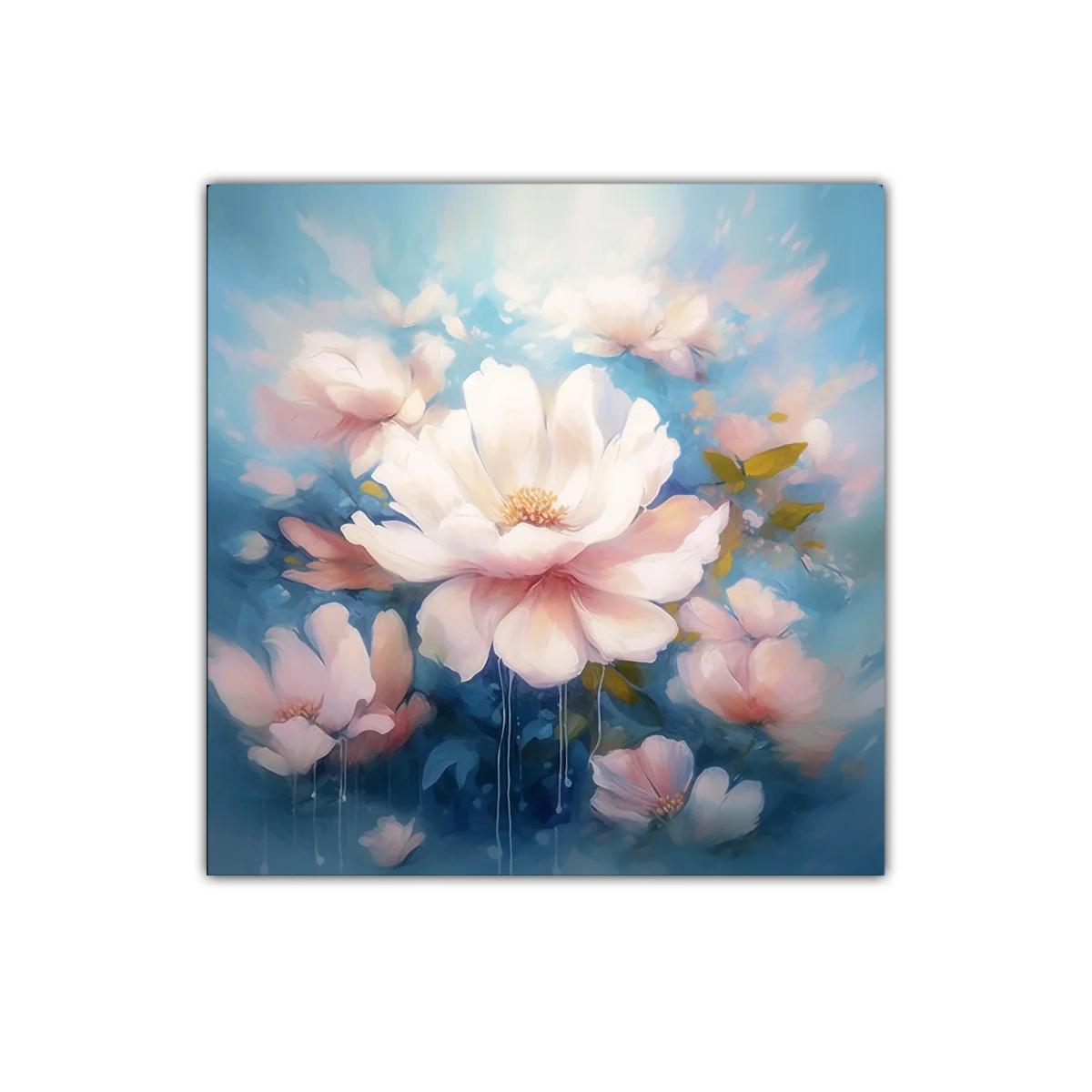 Cuadro decorativo flores blancas con fondo azul y rosa