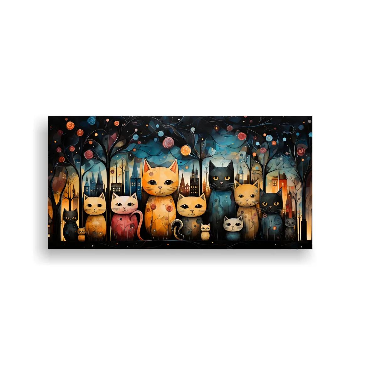 Cuadro grupo de gatos con casas iluminadas y cielo nocturno — imagen principal