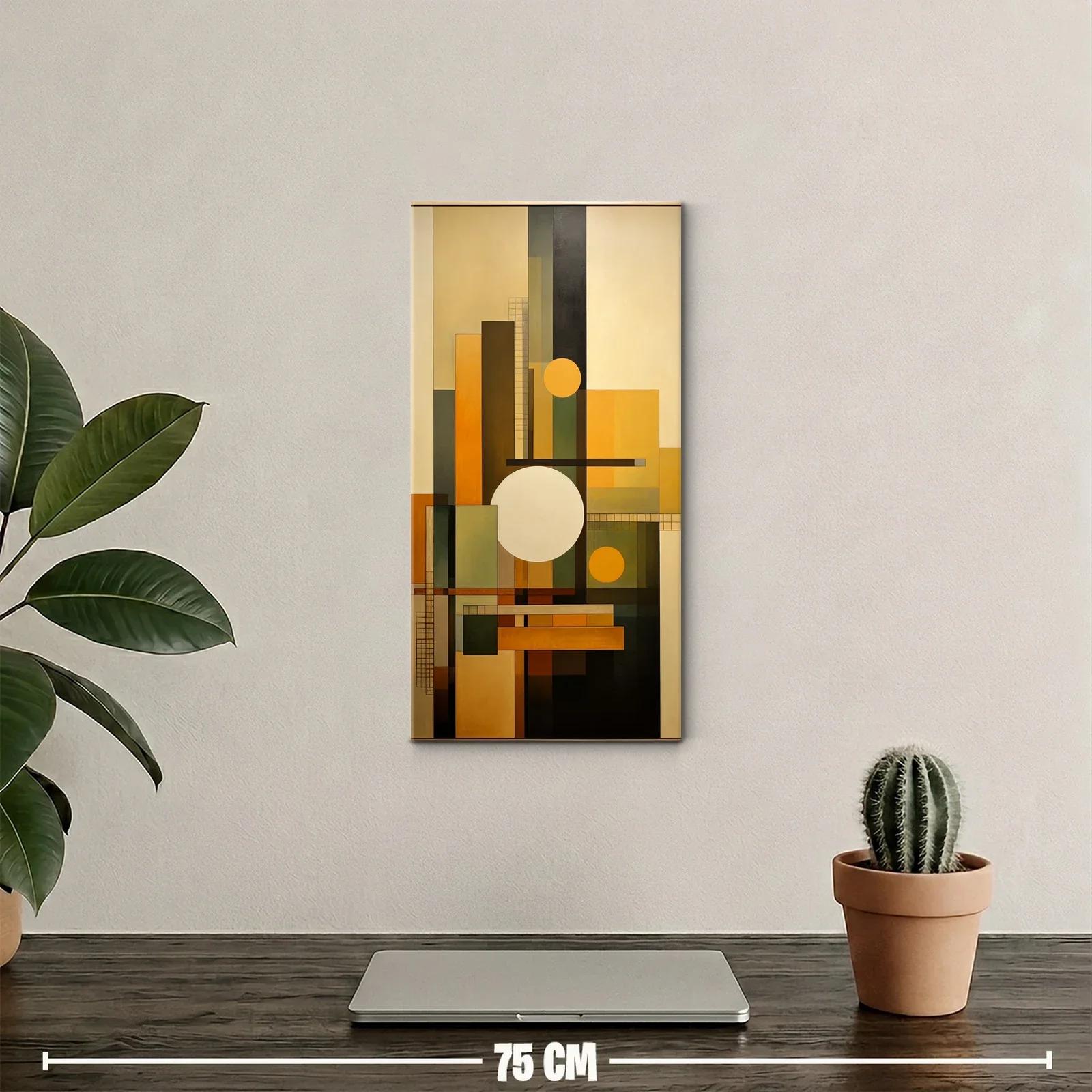 Cuadro abstracto geométrico con círculos naranjas y barras verticales — miniatura 2