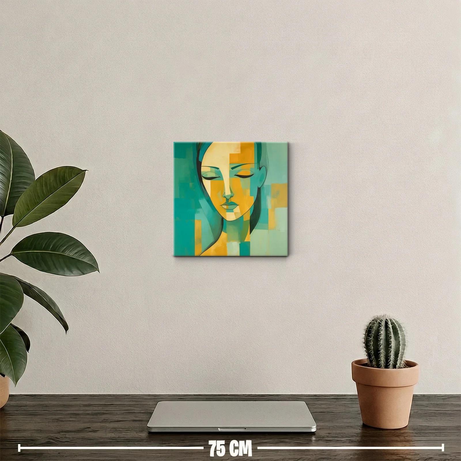 Cuadro abstracto rostro femenino en tonos verdes y amarillos — miniatura 2