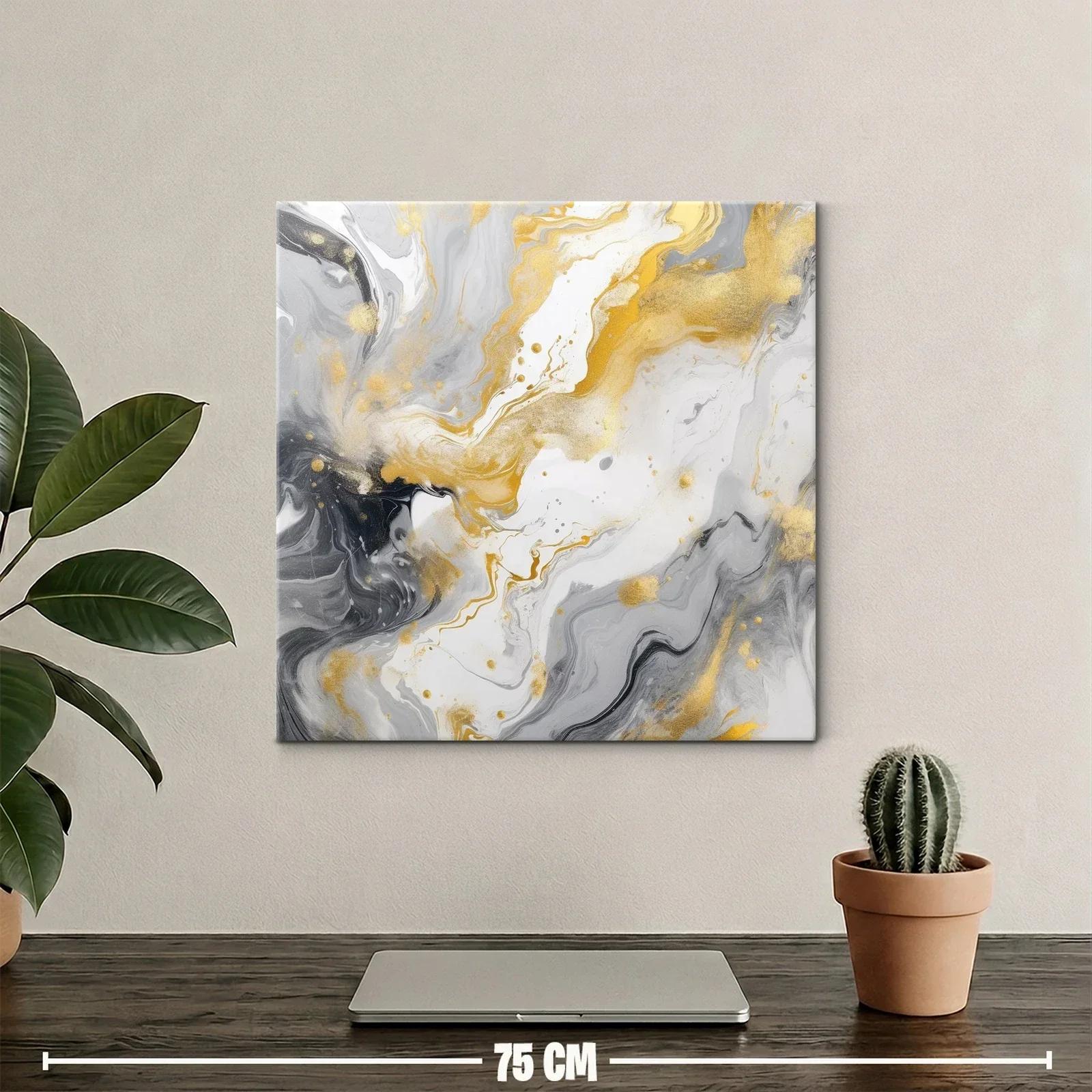 Cuadro abstracto con tonos dorados y grises fluidos en movimiento — miniatura 2