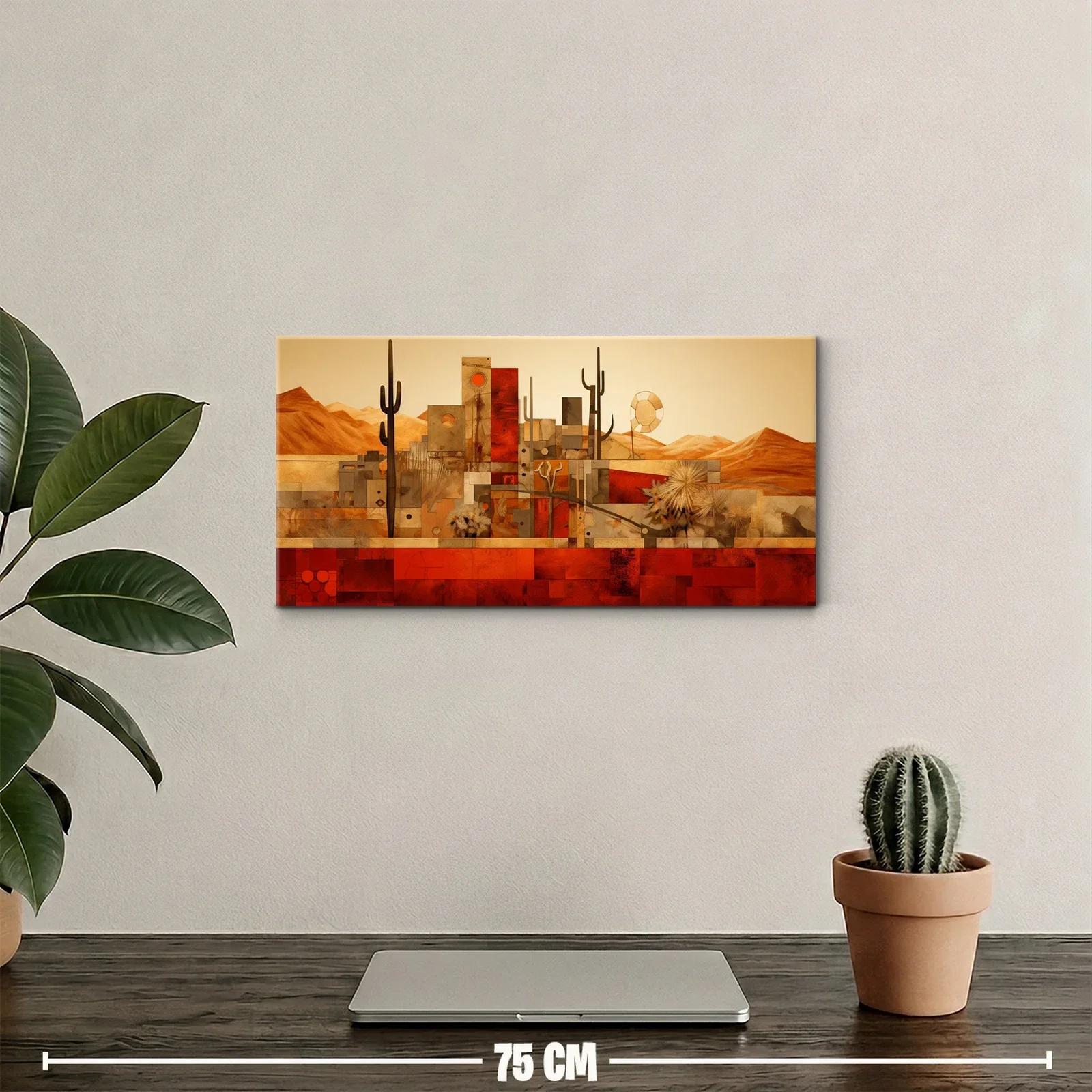 Cuadro paisaje urbano desértico con sol rojo y cactus — miniatura 2