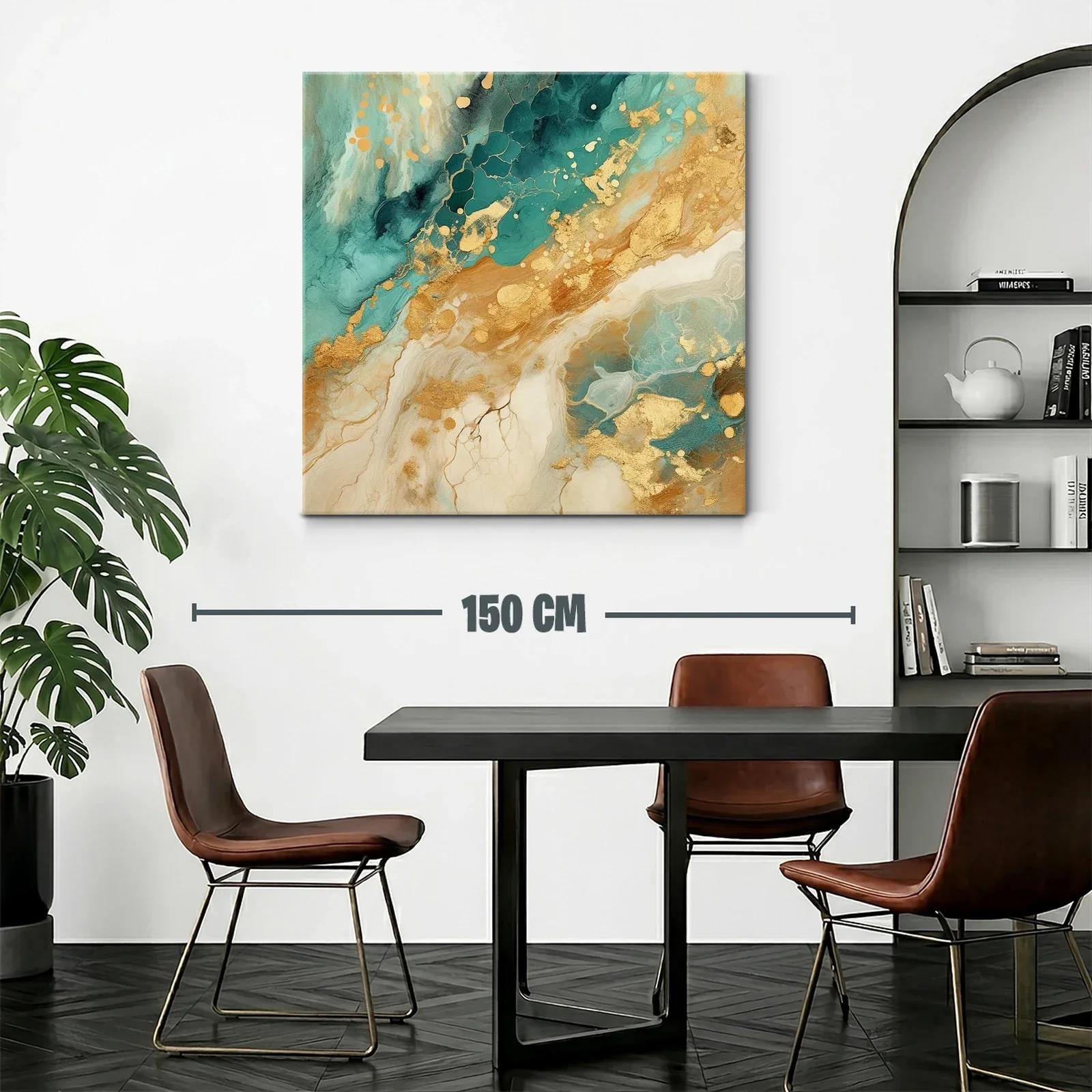 Cuadro abstracto con detalles dorados y tonos turquesa — miniatura 2