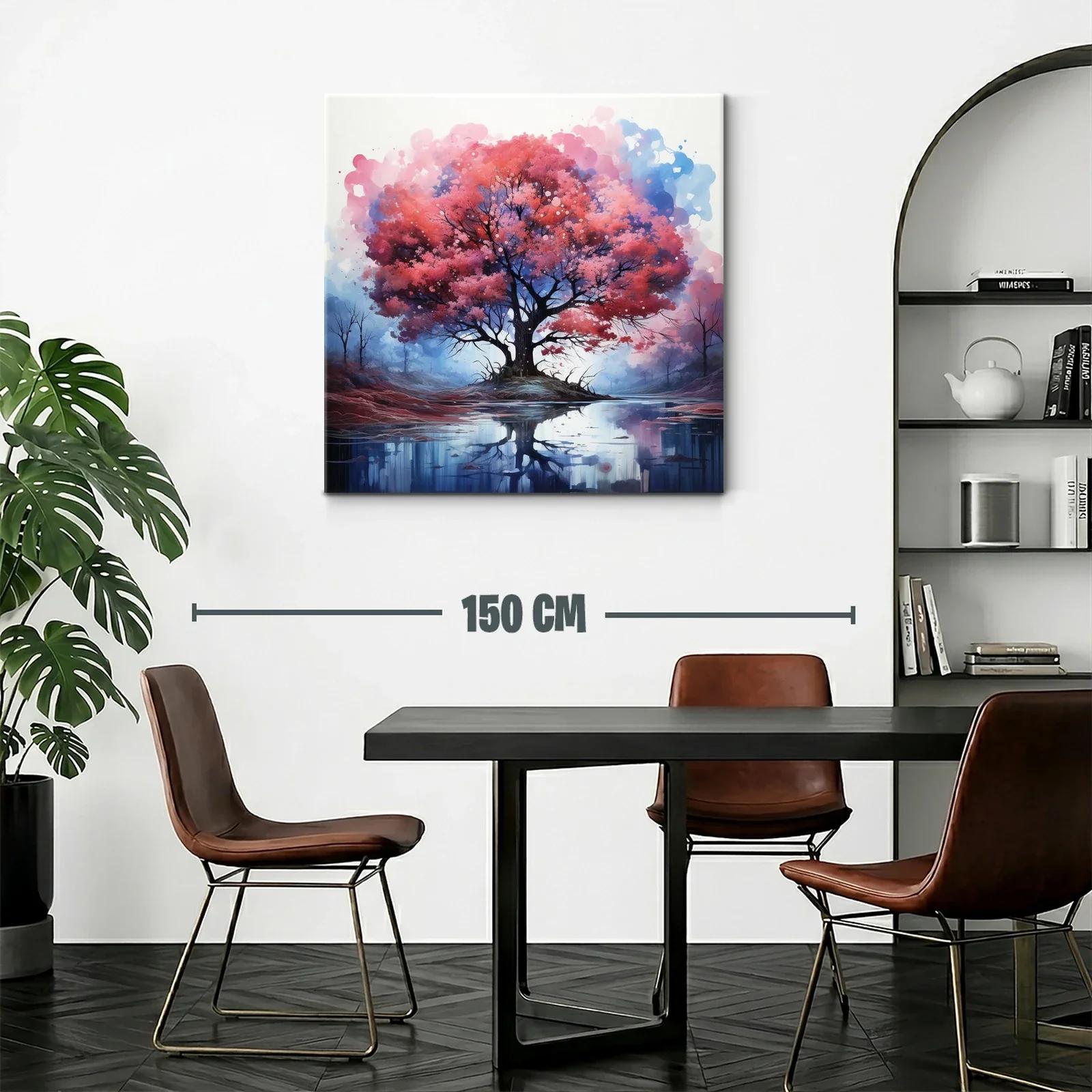 Árbol rojo reflejado en lago sereno con tonos azules — miniatura 2