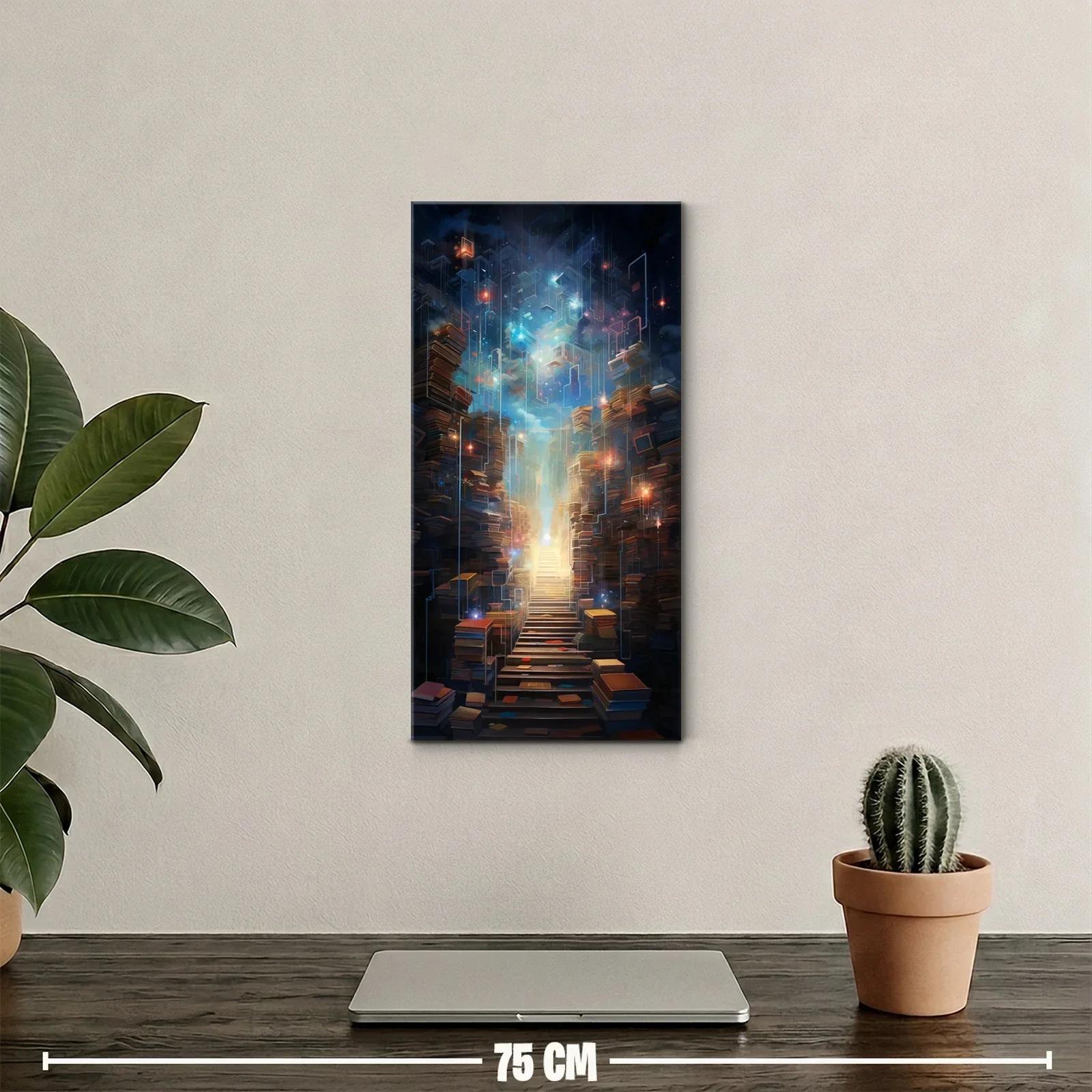 Cuadro biblioteca fantástica con resplandor dorado y nube azul — miniatura 2