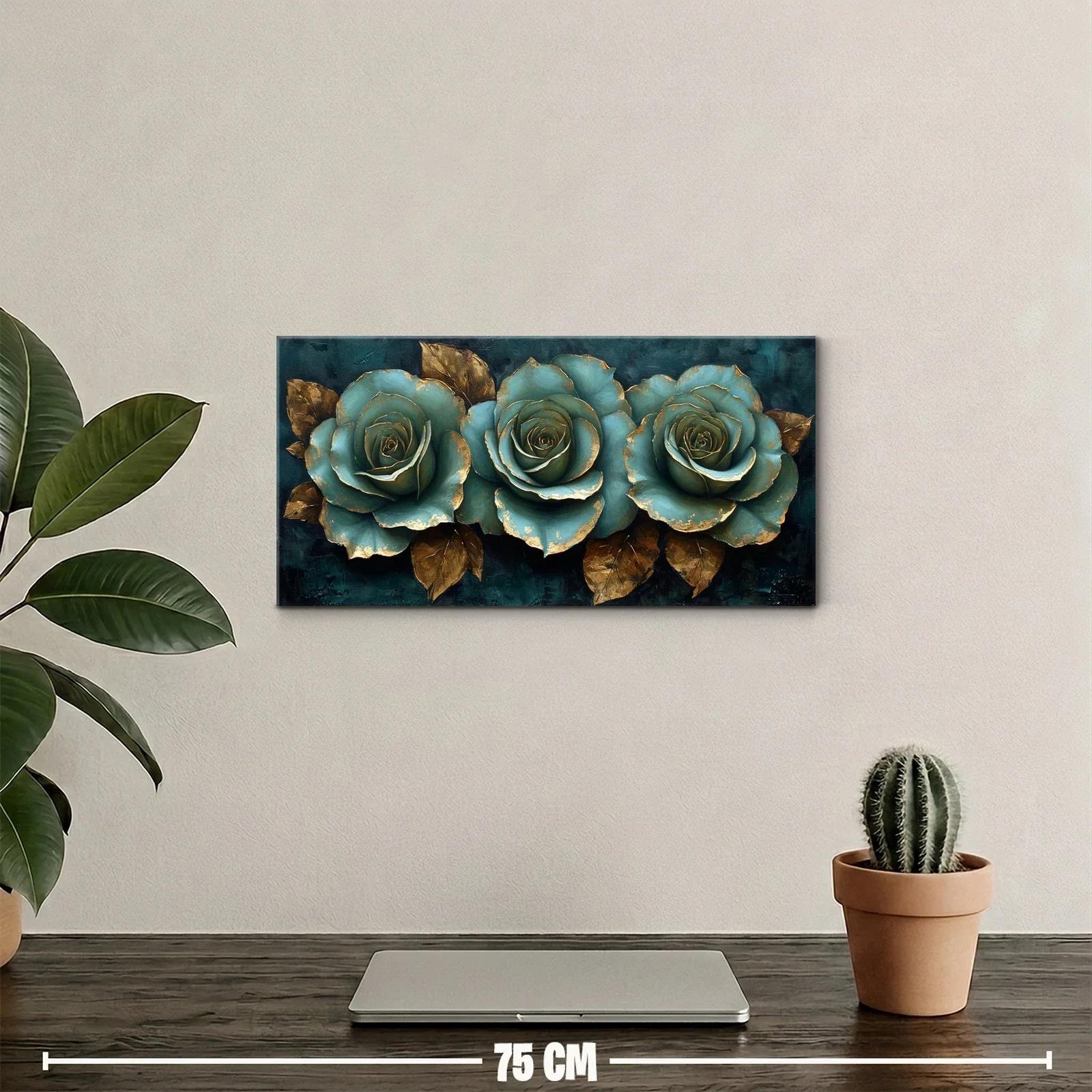 Cuadro tres rosas turquesa con bordes dorados — miniatura 2