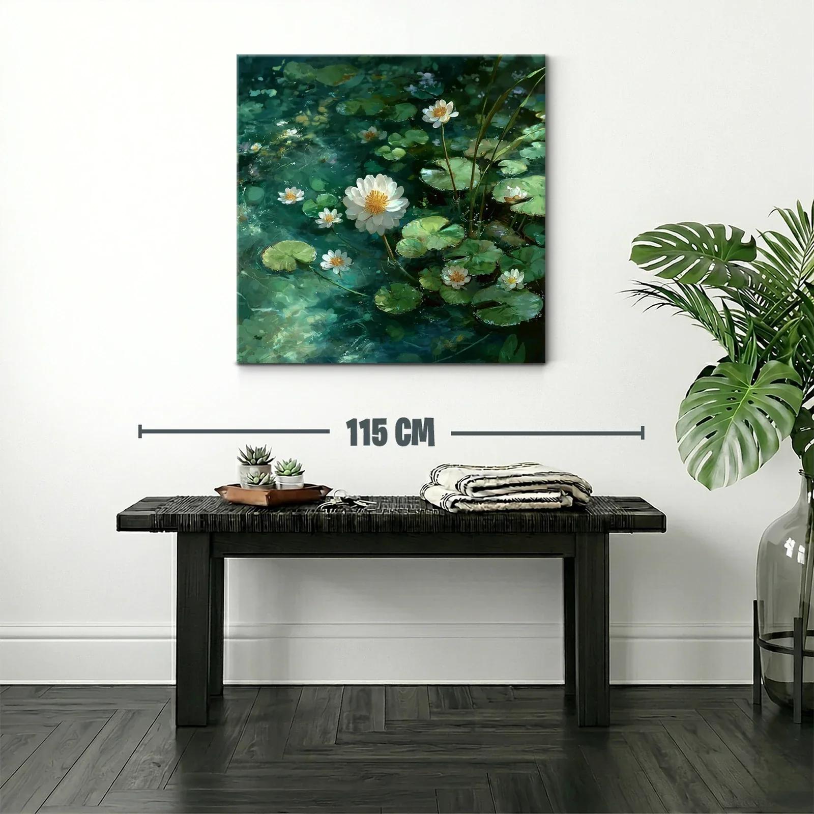 Lienzo de flores acuáticas en tonos verde y blanco — miniatura 2