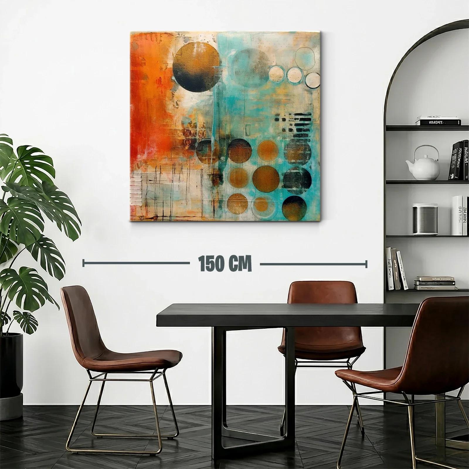 Cuadro abstracto con círculos en tonos cálidos y turquesa — miniatura 2