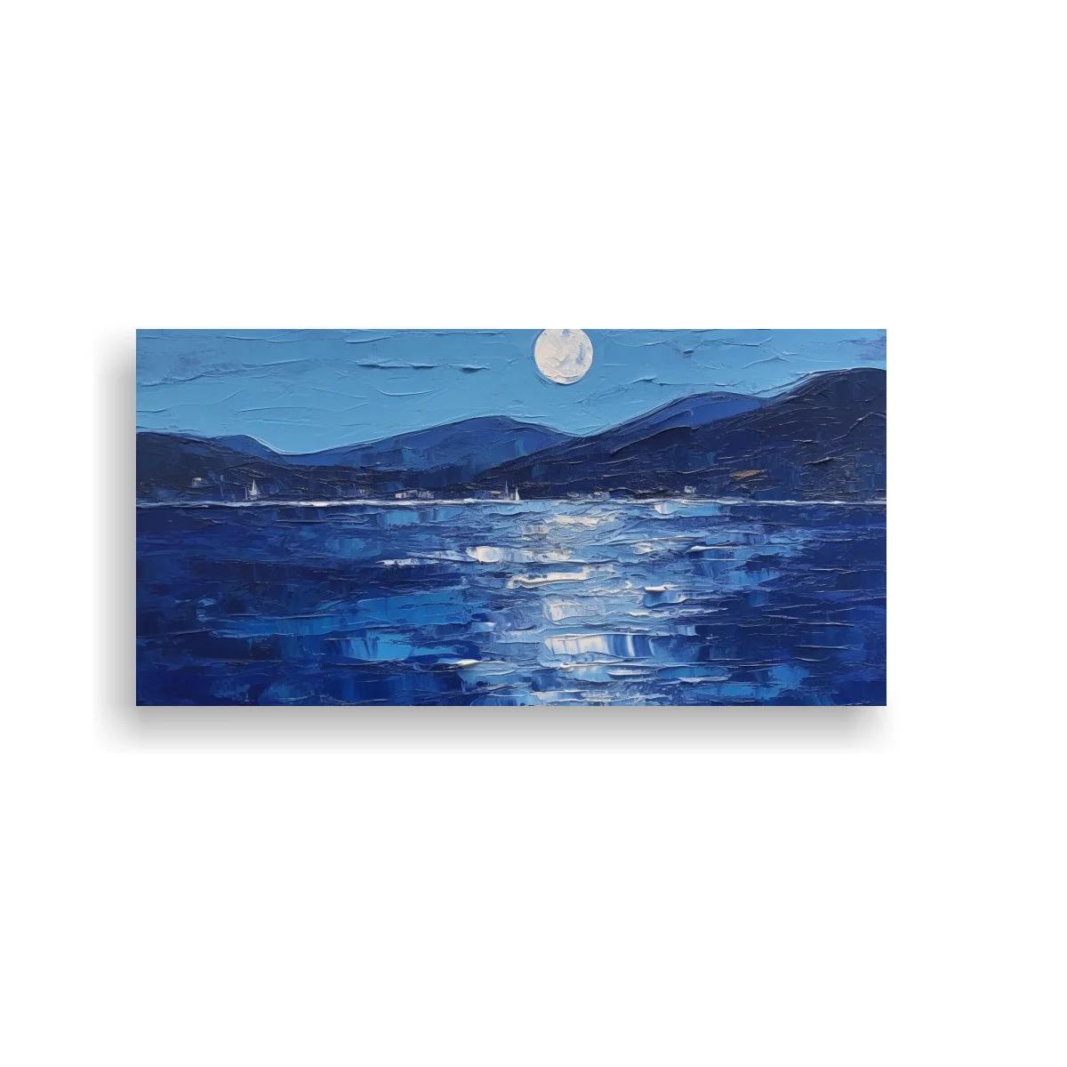 Cuadro lago nocturno con luna llena y brillo plateado — imagen principal