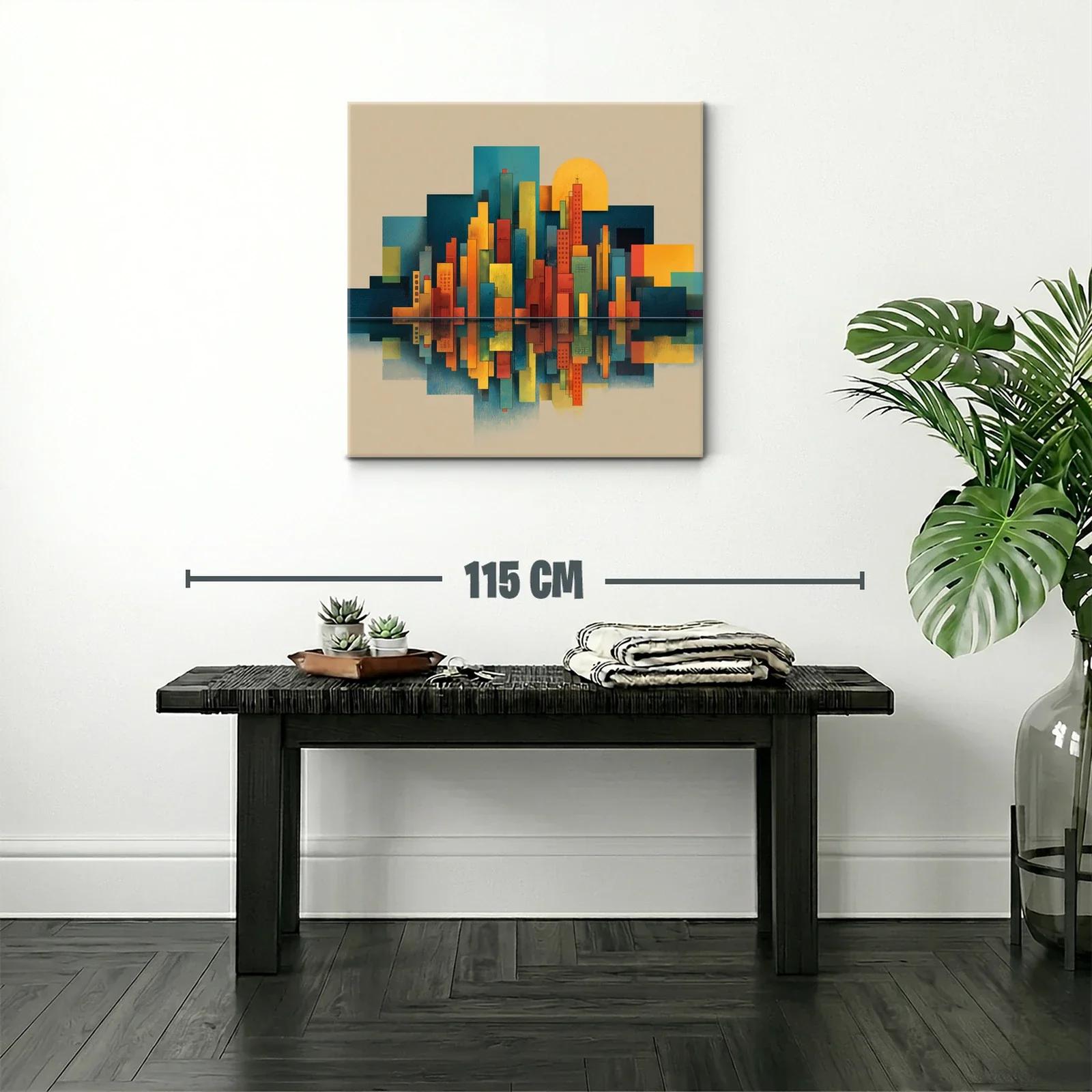 Cuadro de ciudad geométrica con reflejo al atardecer — miniatura 2