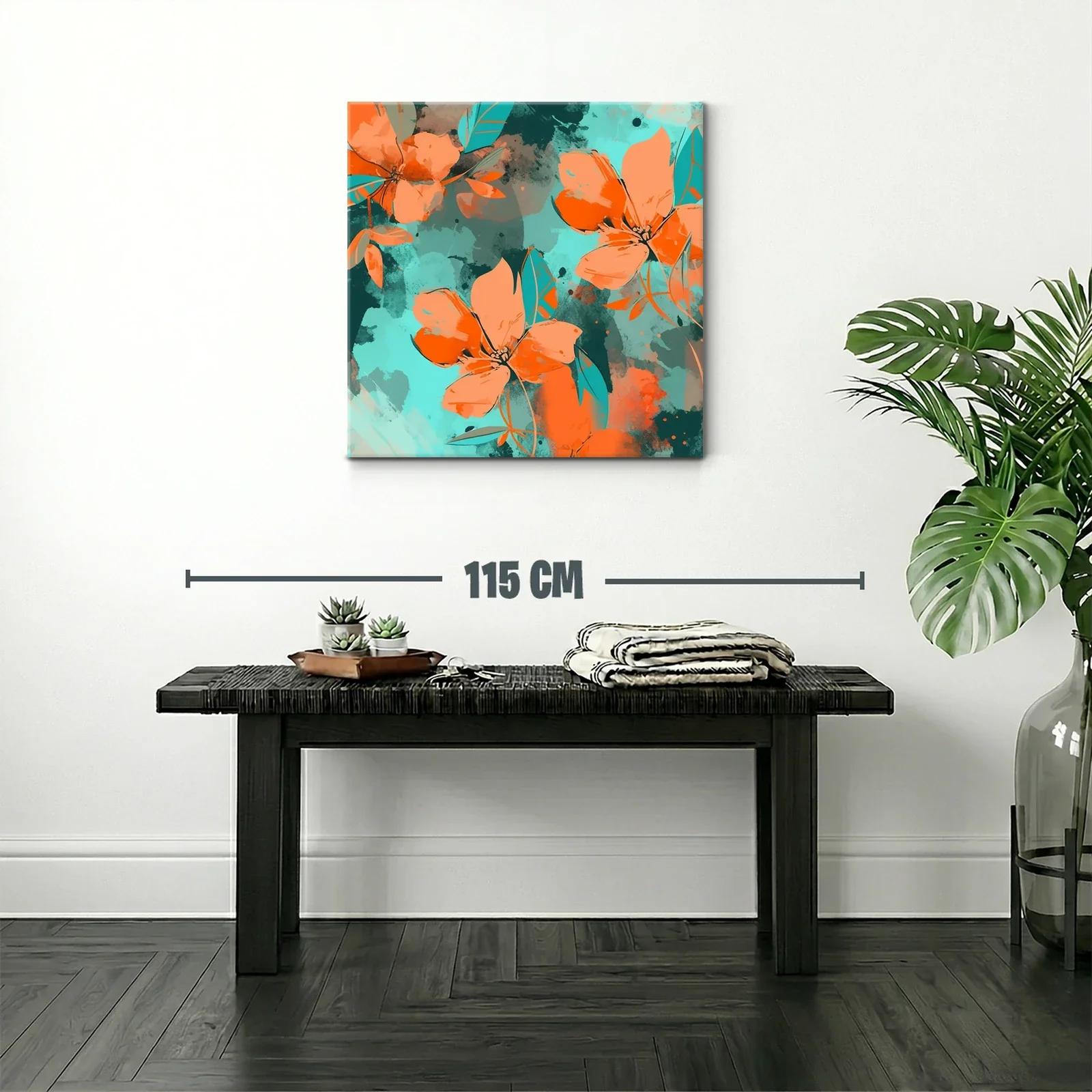 Cuadro moderno con flores vibrantes en tonos naranjas y turquesas — miniatura 2