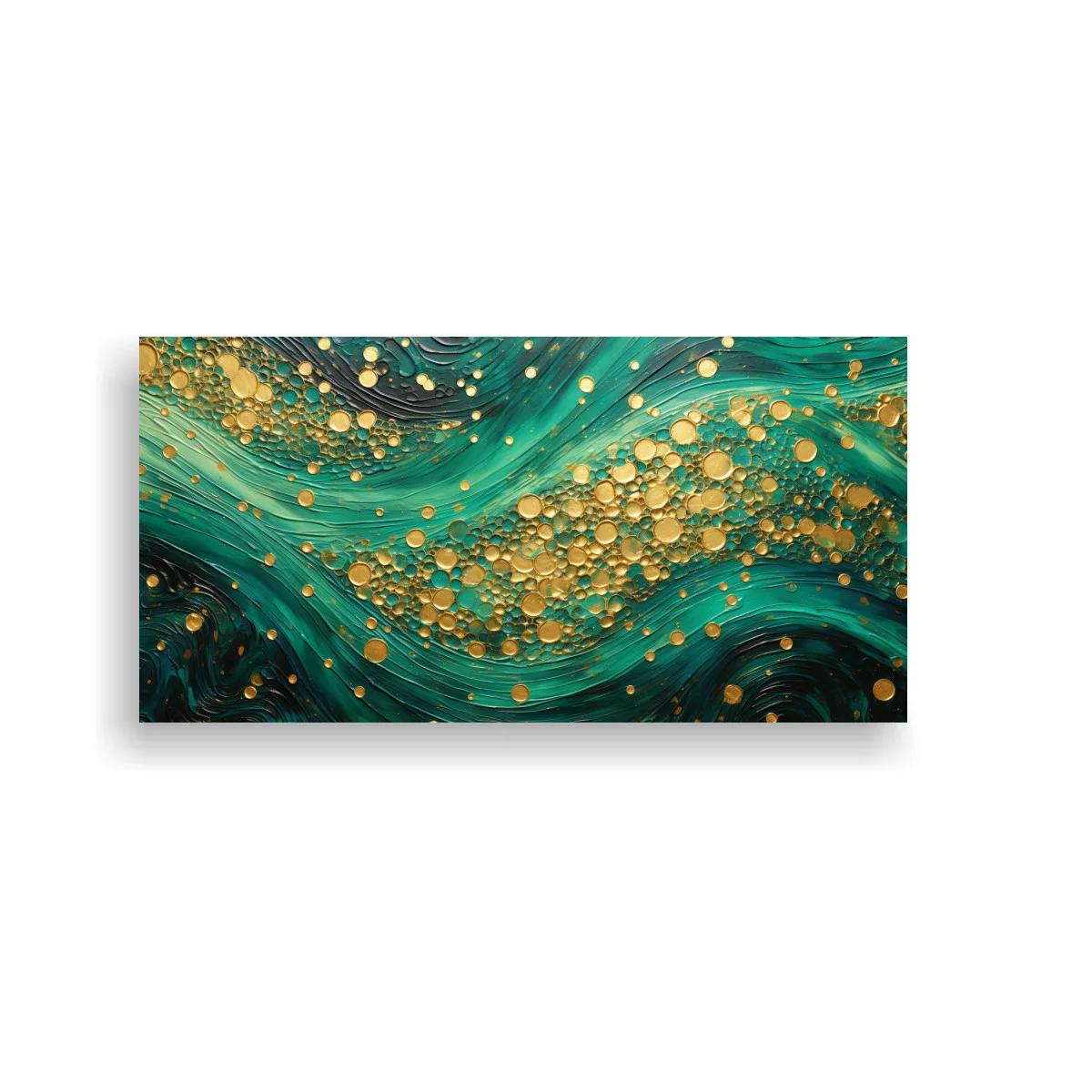Cuadro olas abstractas en verde turquesa y dorado — imagen principal