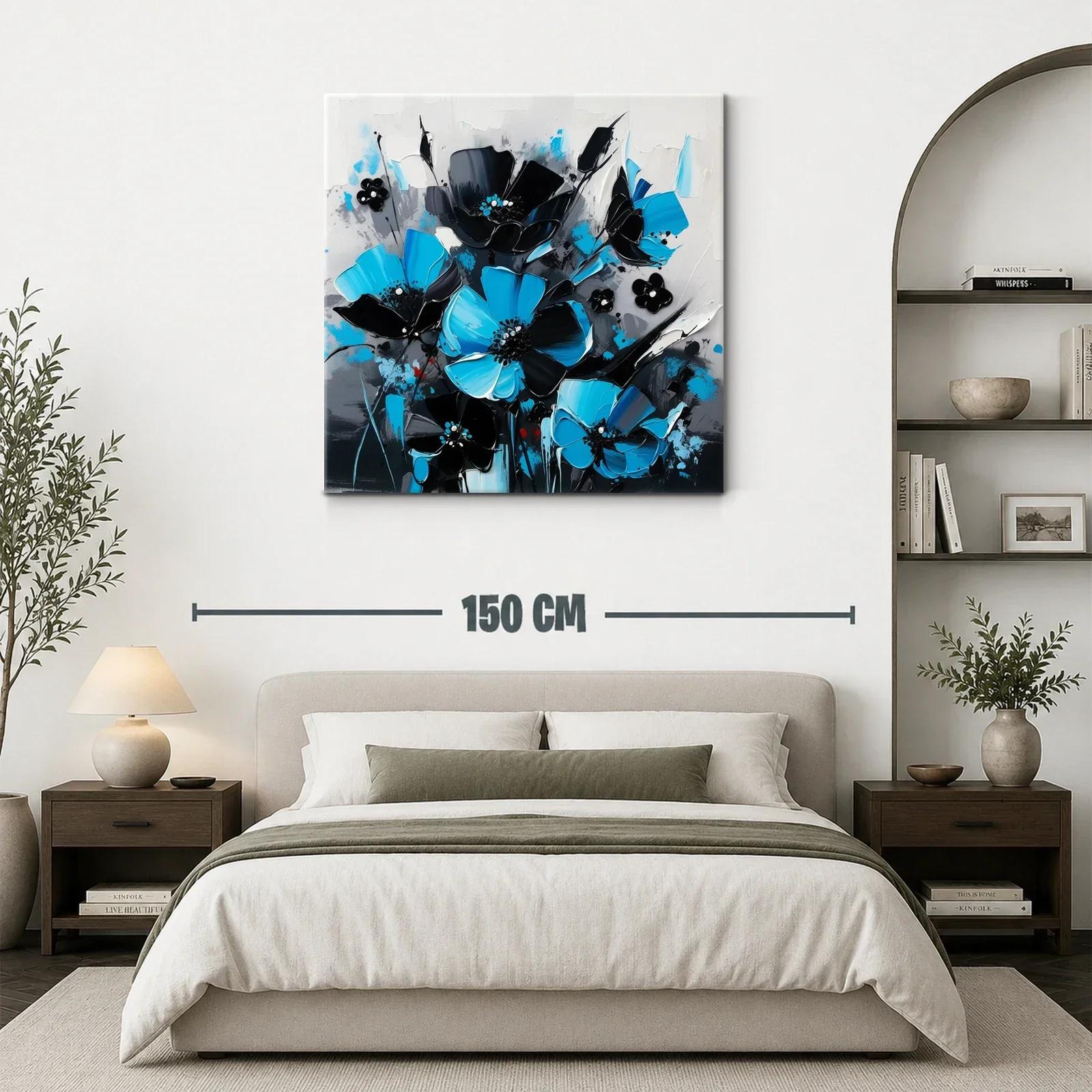 Cuadro floral moderno en tonos azul y negro vibrante — miniatura 3
