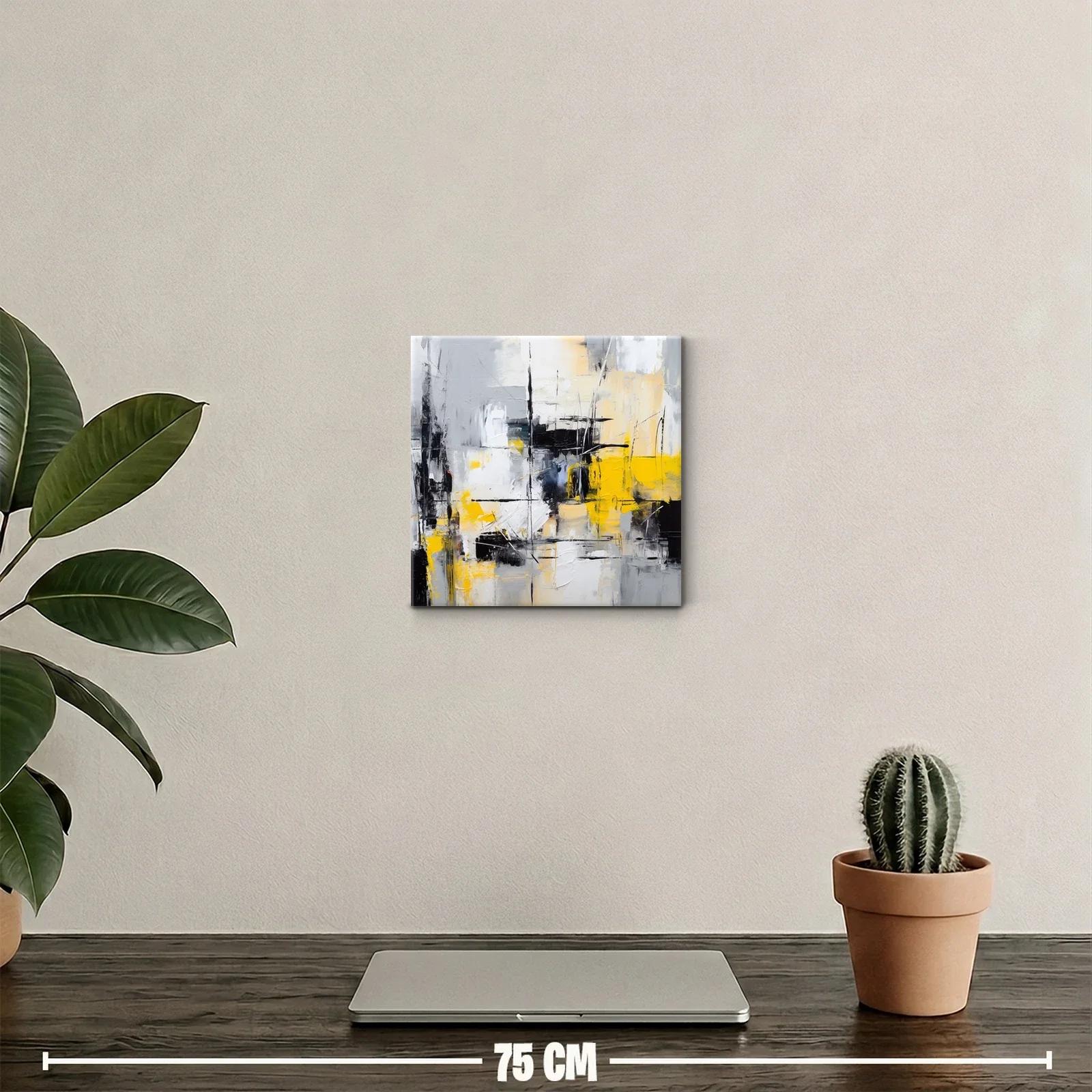 Cuadro abstracto con tonos grises, negros y amarillo vibrante — miniatura 2