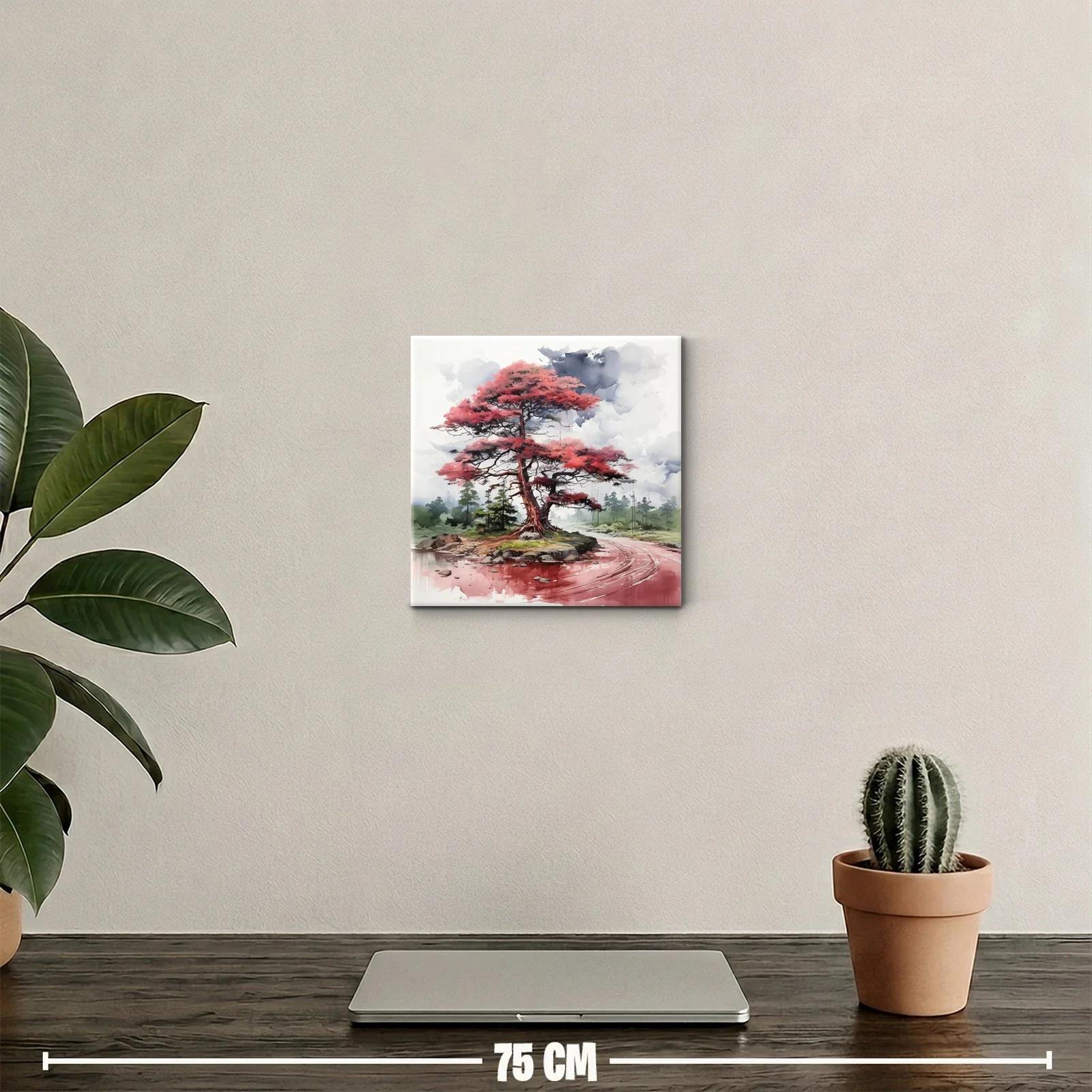 Árbol rojo junto al río en paisaje tranquilo y etéreo — miniatura 2