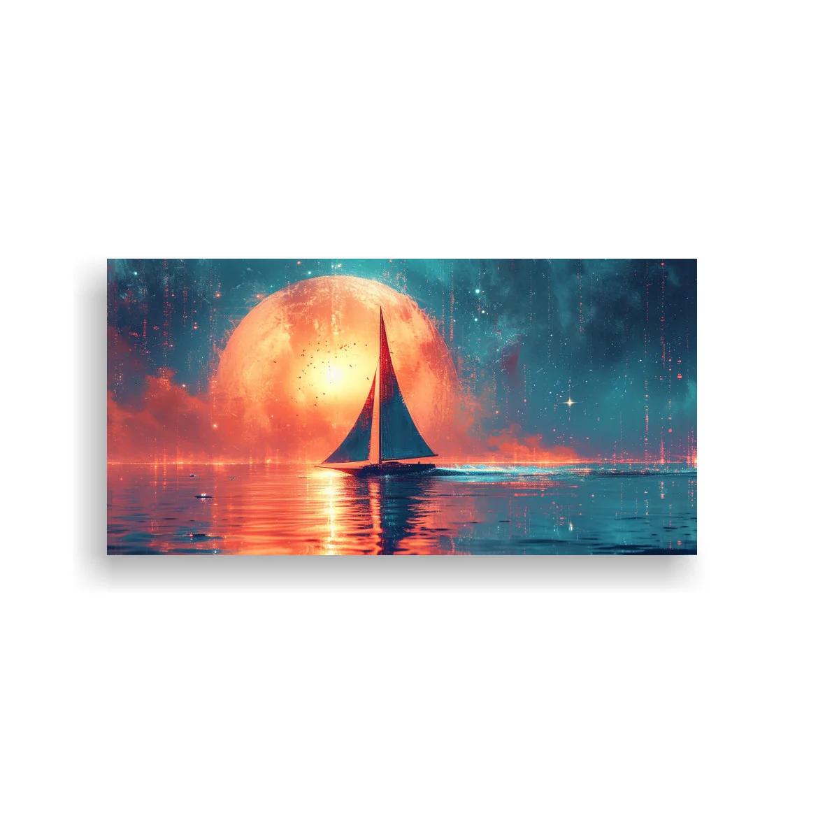Cuadro velero al atardecer con gran sol y reflejo en el agua — imagen principal