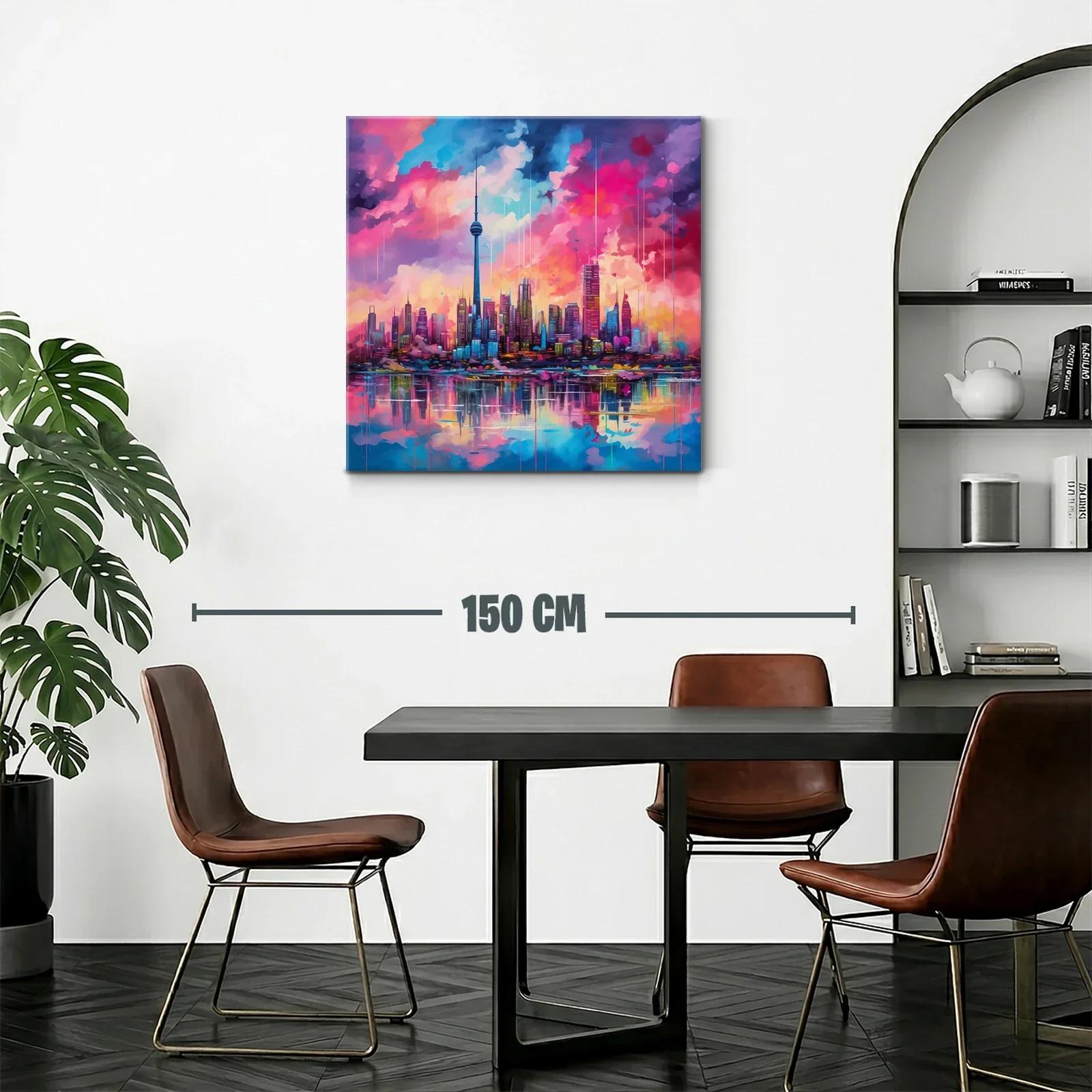 Atardecer vibrante sobre ciudad moderna y reflejos en agua — miniatura 2