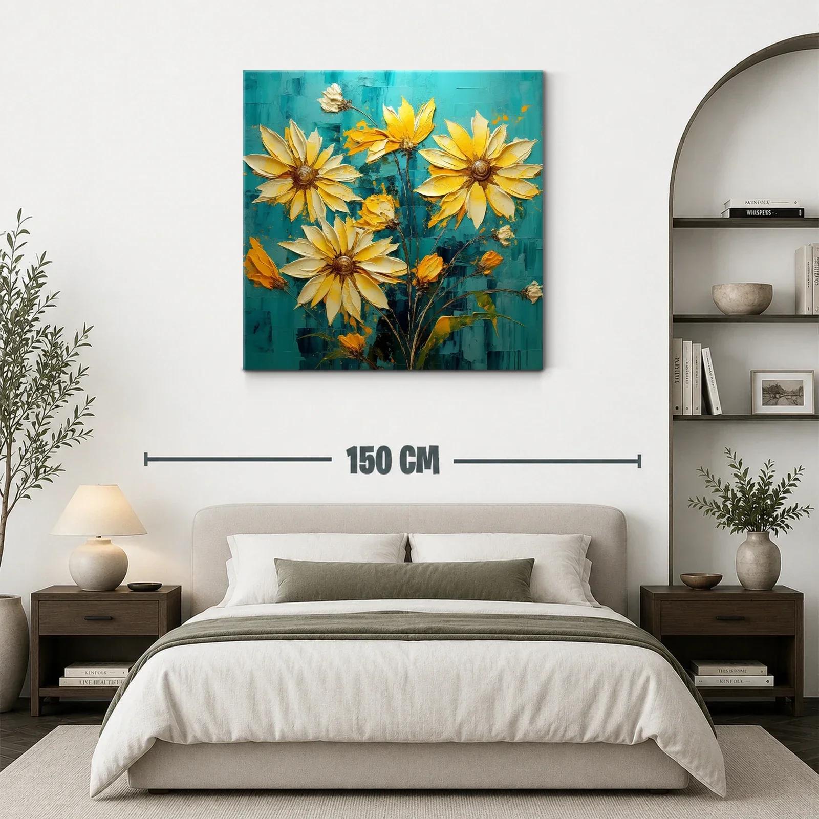 Cuadro con vibrantes flores amarillas sobre fondo azul — miniatura 3
